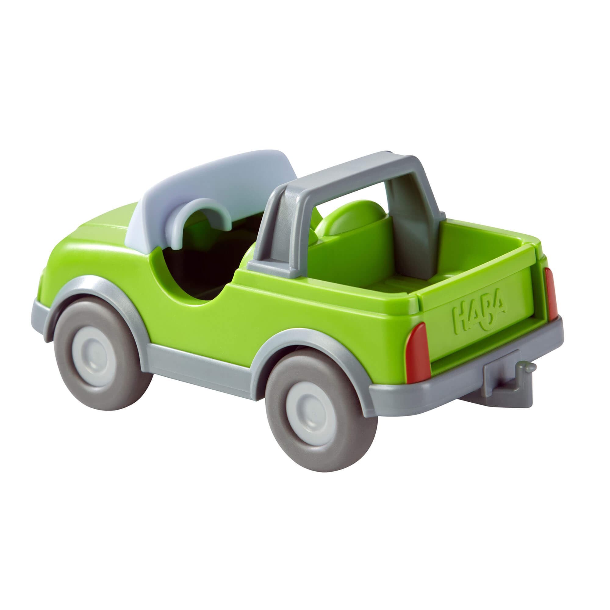 Toy car with a green body and gray roof on a white background