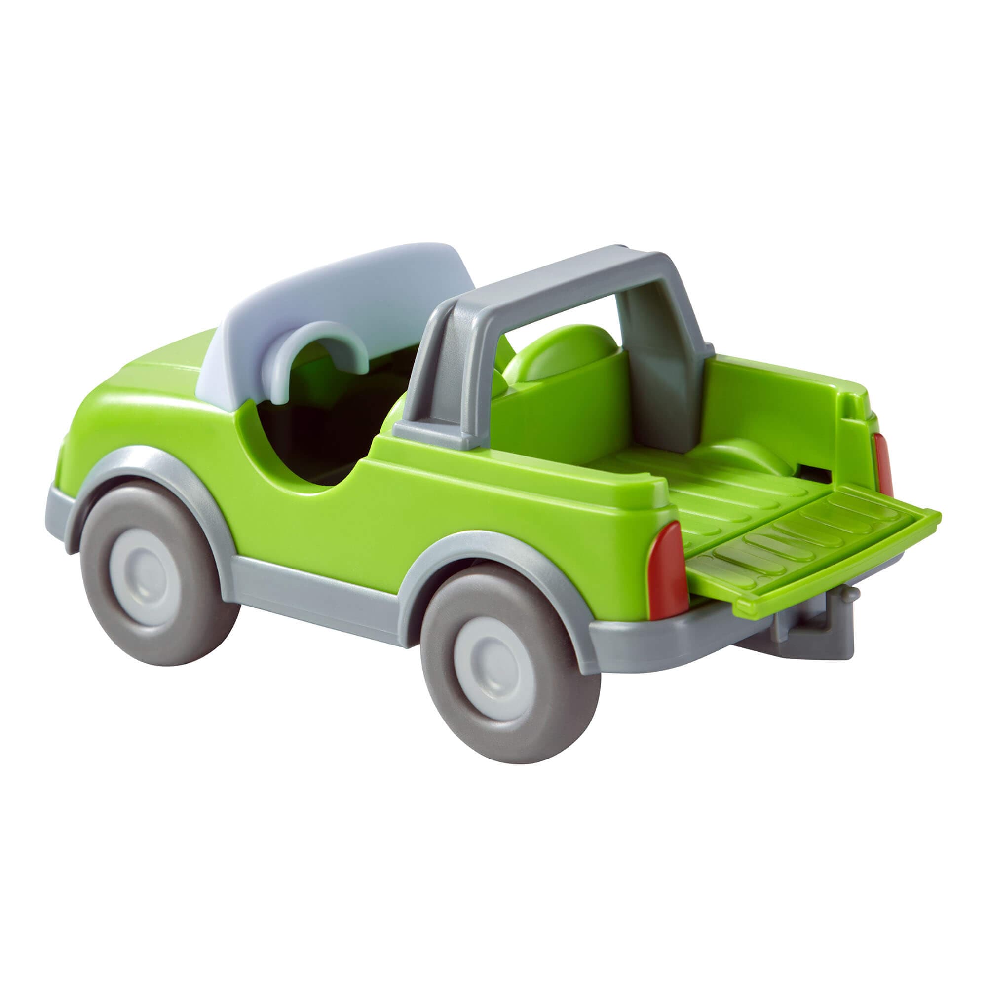 Toy car with green body and gray roof on a white background