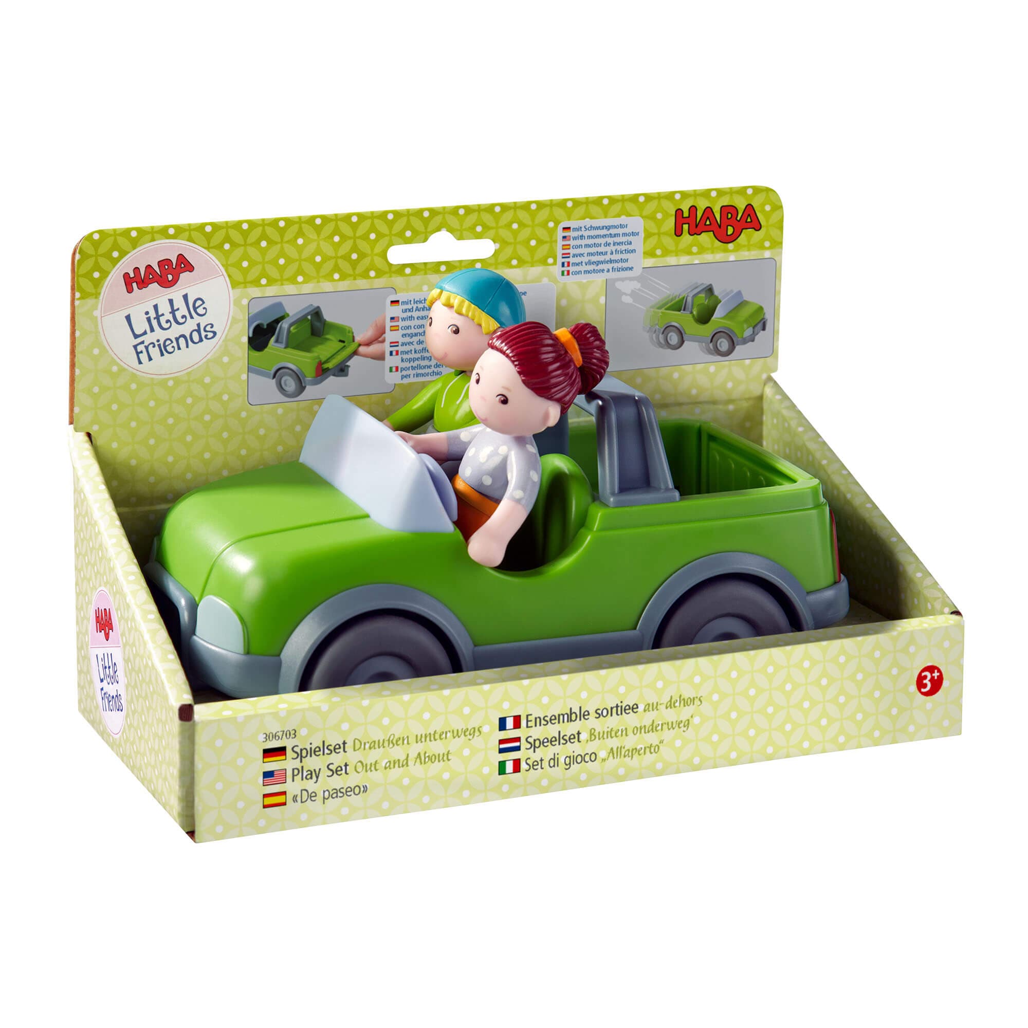HABA Little Friends toy set with green car and figurine in packaging on a white background