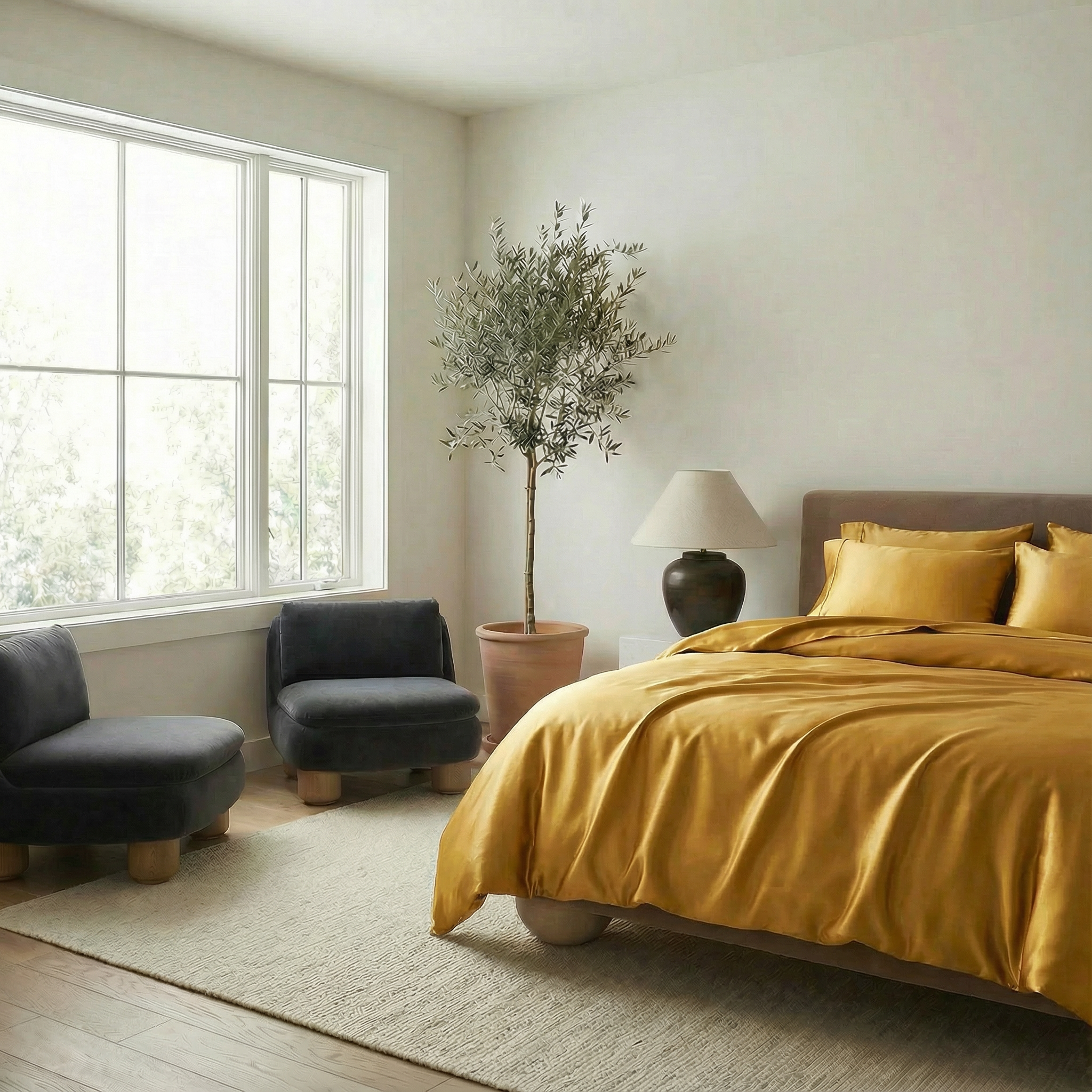 Modern bedroom with yellow bedding, black armchairs, and a large window.