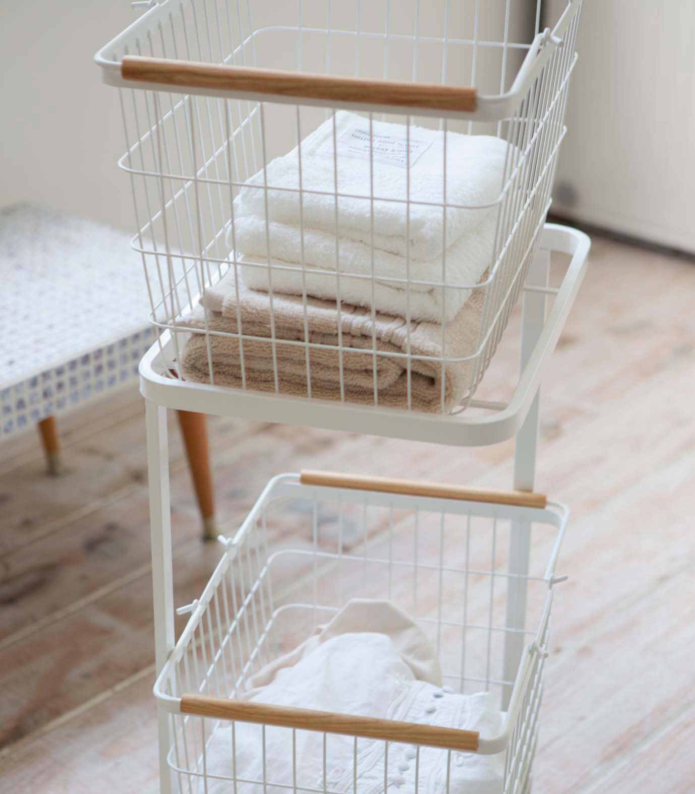 Yamazaki Home Rolling Laundry Cart + Wire Baskets (38" H)  - Steel + Wood