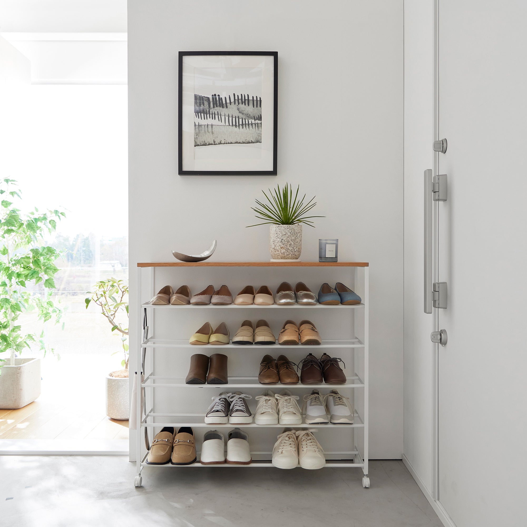 Yamazaki Home Rolling Five-Tier Shoe Rack (34.25" H)  - Steel + Wood
