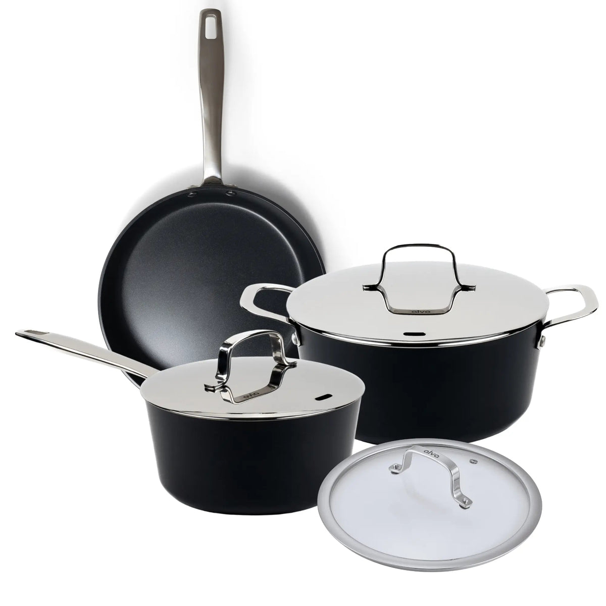 Set of black cookware with silver lids on a white background