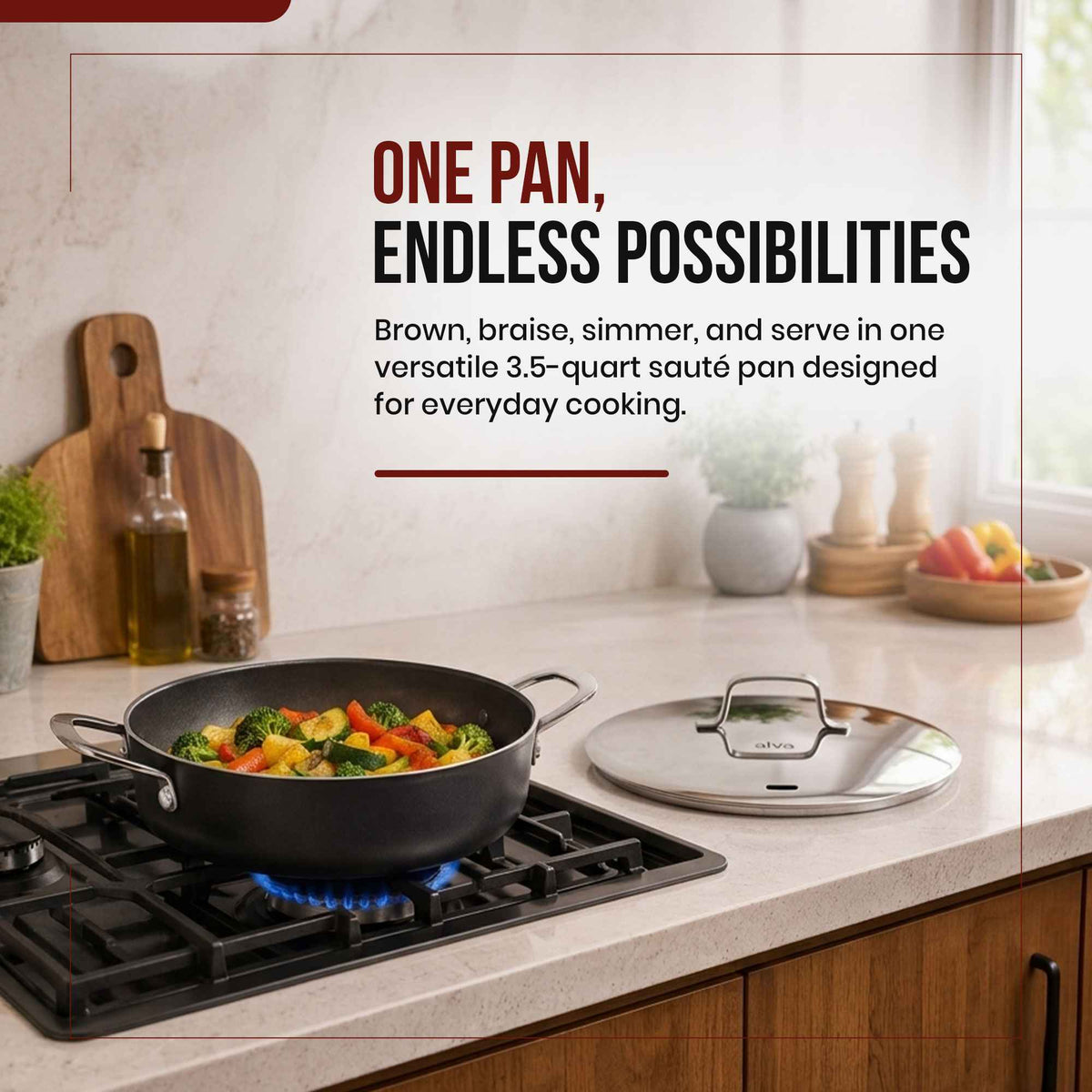 Alva Cookware Ceramic Nonstick Sauté Pan with Lid, 3.5-Qt