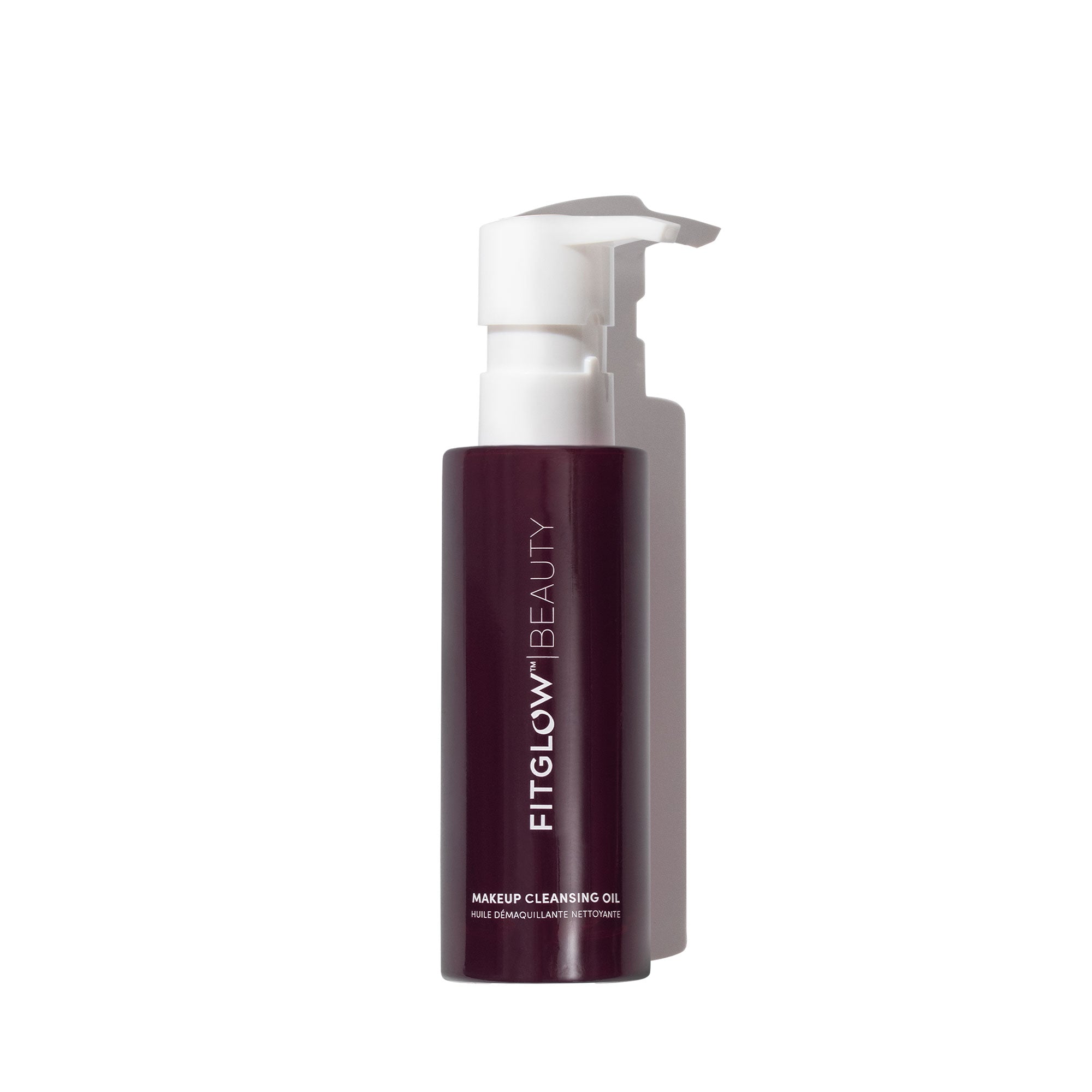 Fitglow Beauty makeup cleansing oil bottle on a white background