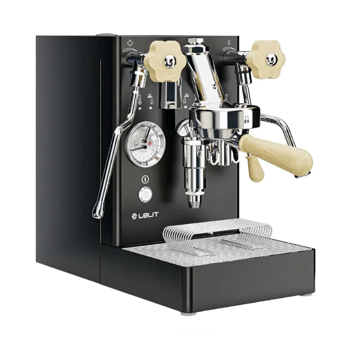 Black espresso machine with chrome and wooden components on a white background