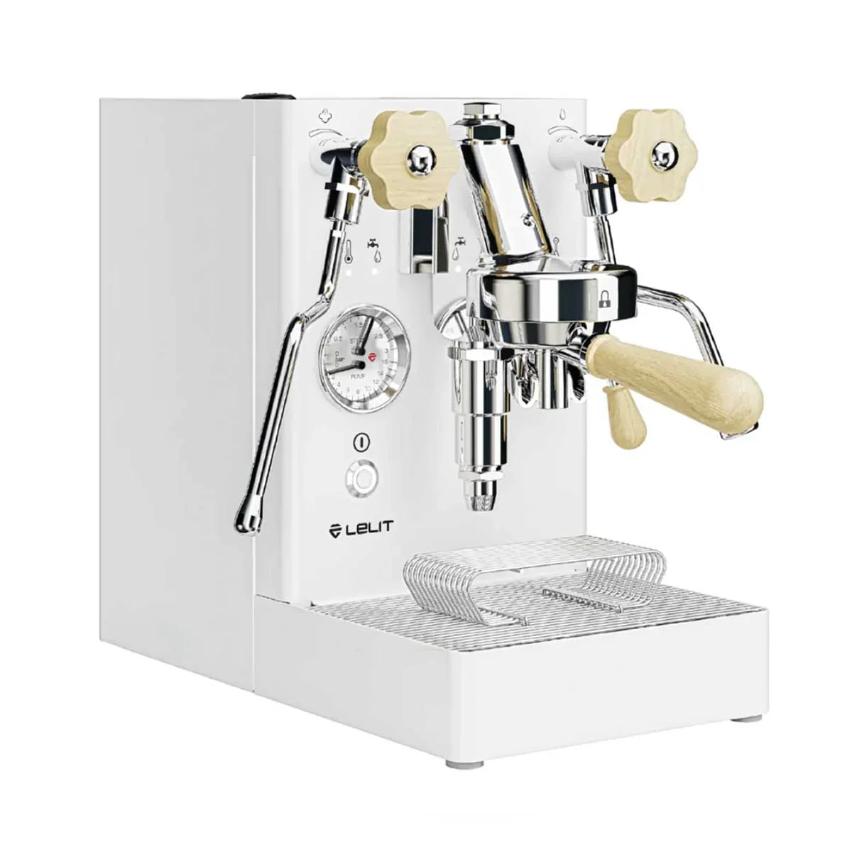 White espresso machine with chrome components and wooden handles on a white background