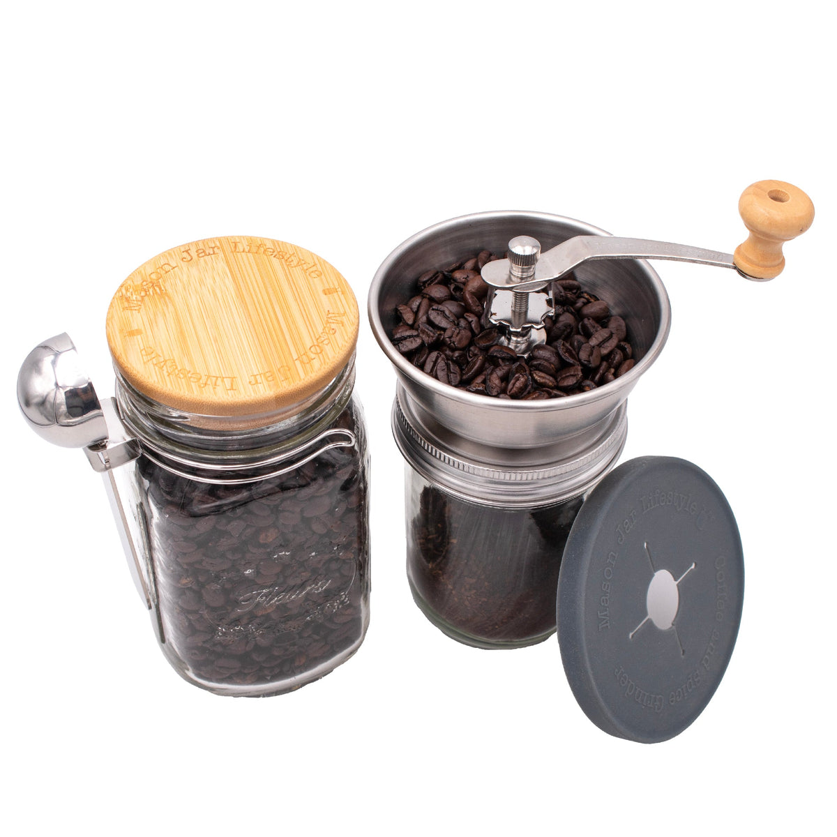 Wide-mouth Mason jar coffee grinder lid and handle