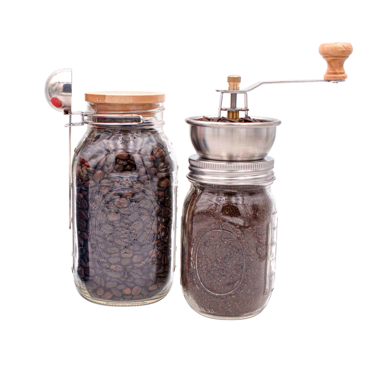 Manual coffee and spice grinder lid attached to a Mason jar