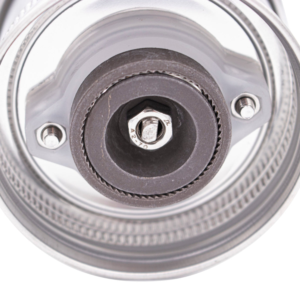 Bottom view of regular-mouth Mason jar ceramic burr grinder lid