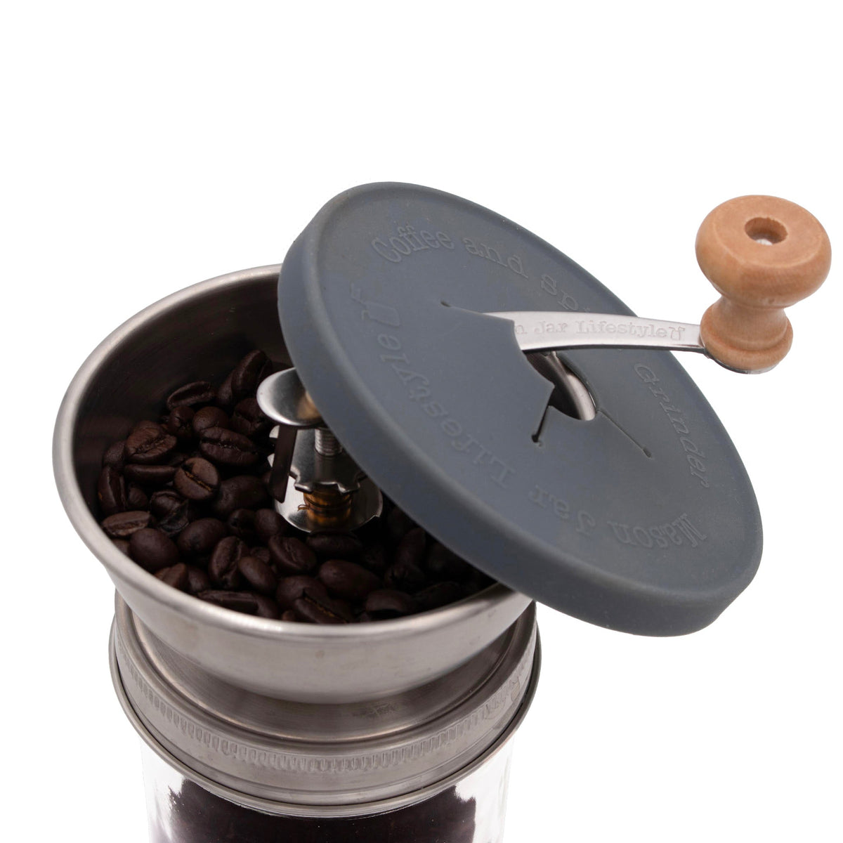 Wide-mouth Mason jar grinder lid detail