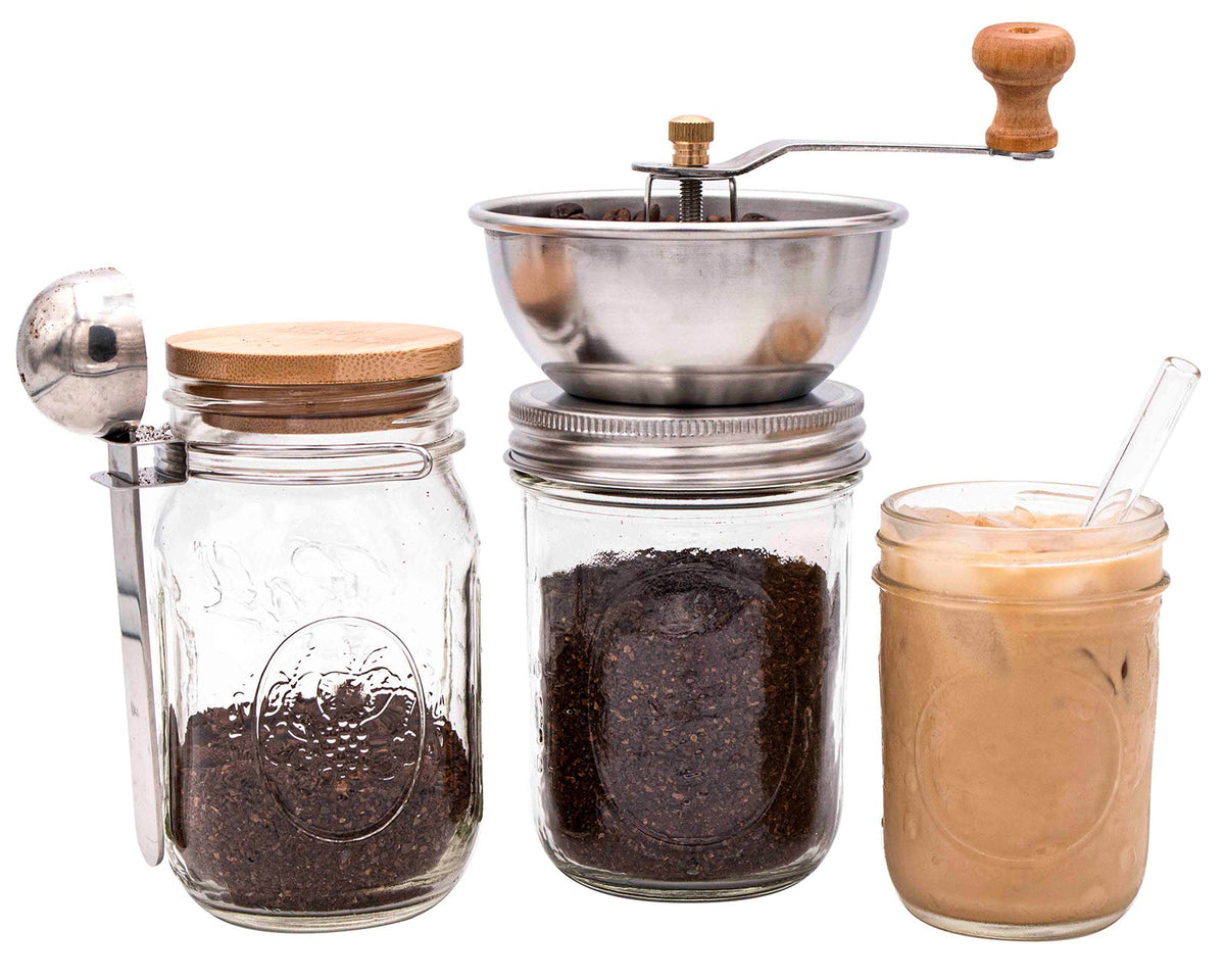 Wide-mouth Mason jar grinder with coffee accessories