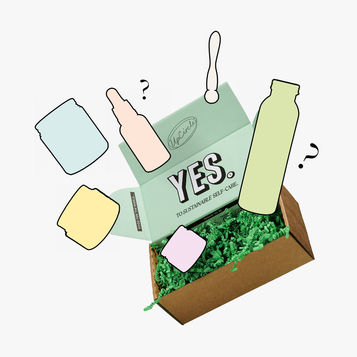 An illustrated open cardboard box filled with green crinkle paper and a mint green product box labeled YES. Sustainable Sex Care, surrounded by floating pastel-colored bottle and jar shapes on a light gray background.