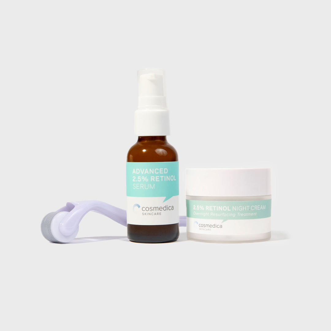 Cosmedica skincare products including a serum, night cream, and roller on a light gray background