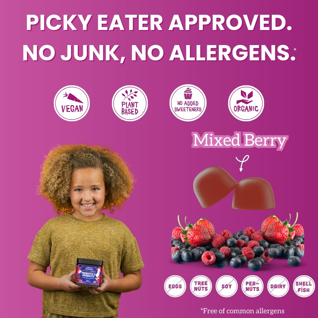 Child holding a package of 'Mixed Berry' snacks with certification icons on a pink background