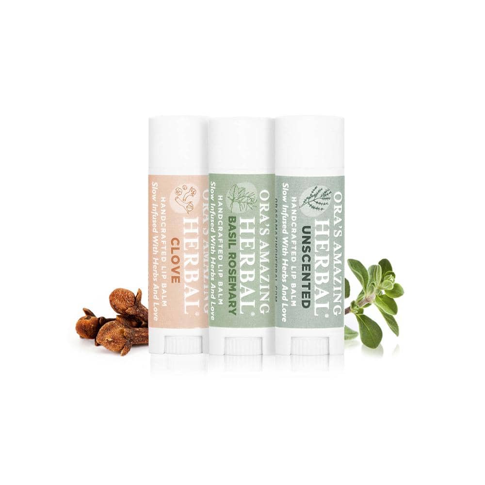 Ora's Amazing Herbal Natural Lip Balm 3 Pack, Clove, Basil Rosemary, Unscented