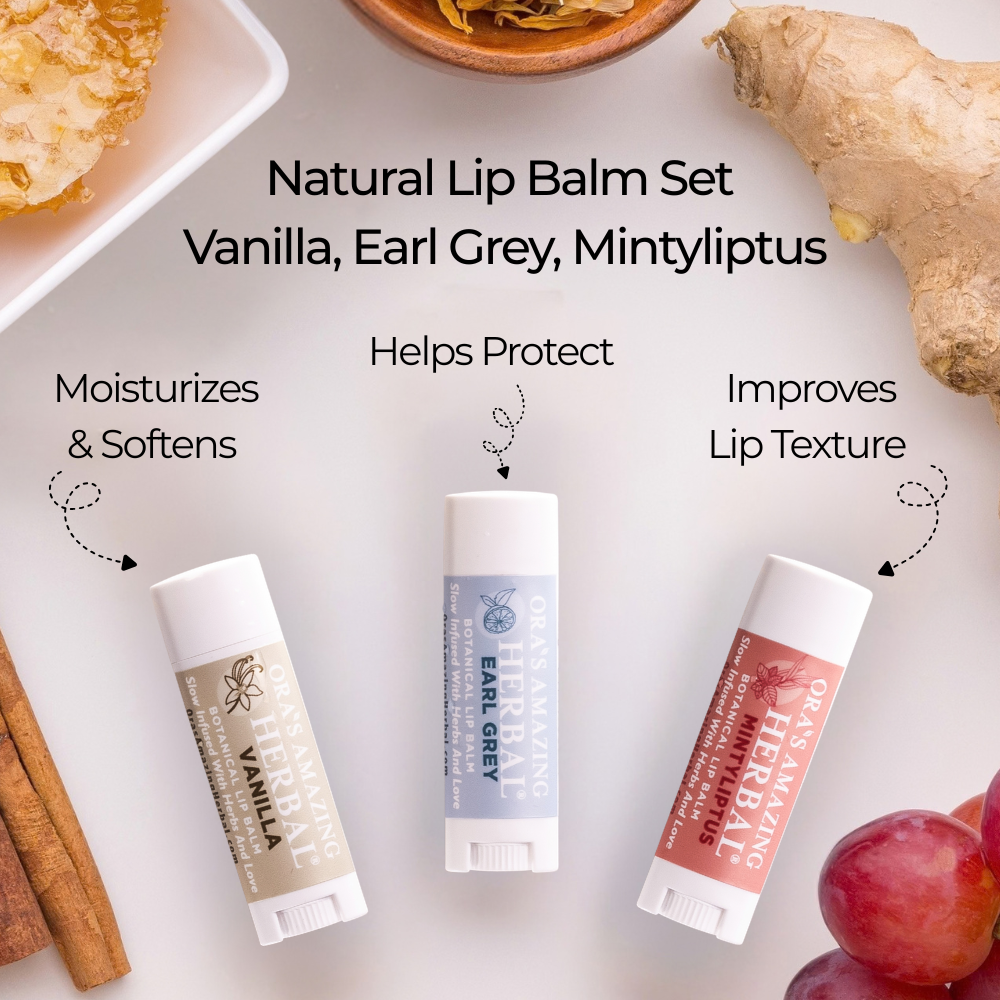 Ora's Amazing Herbal Natural Lip Balm 3 Pack, Vanilla, Earl Grey, Mintyliptus
