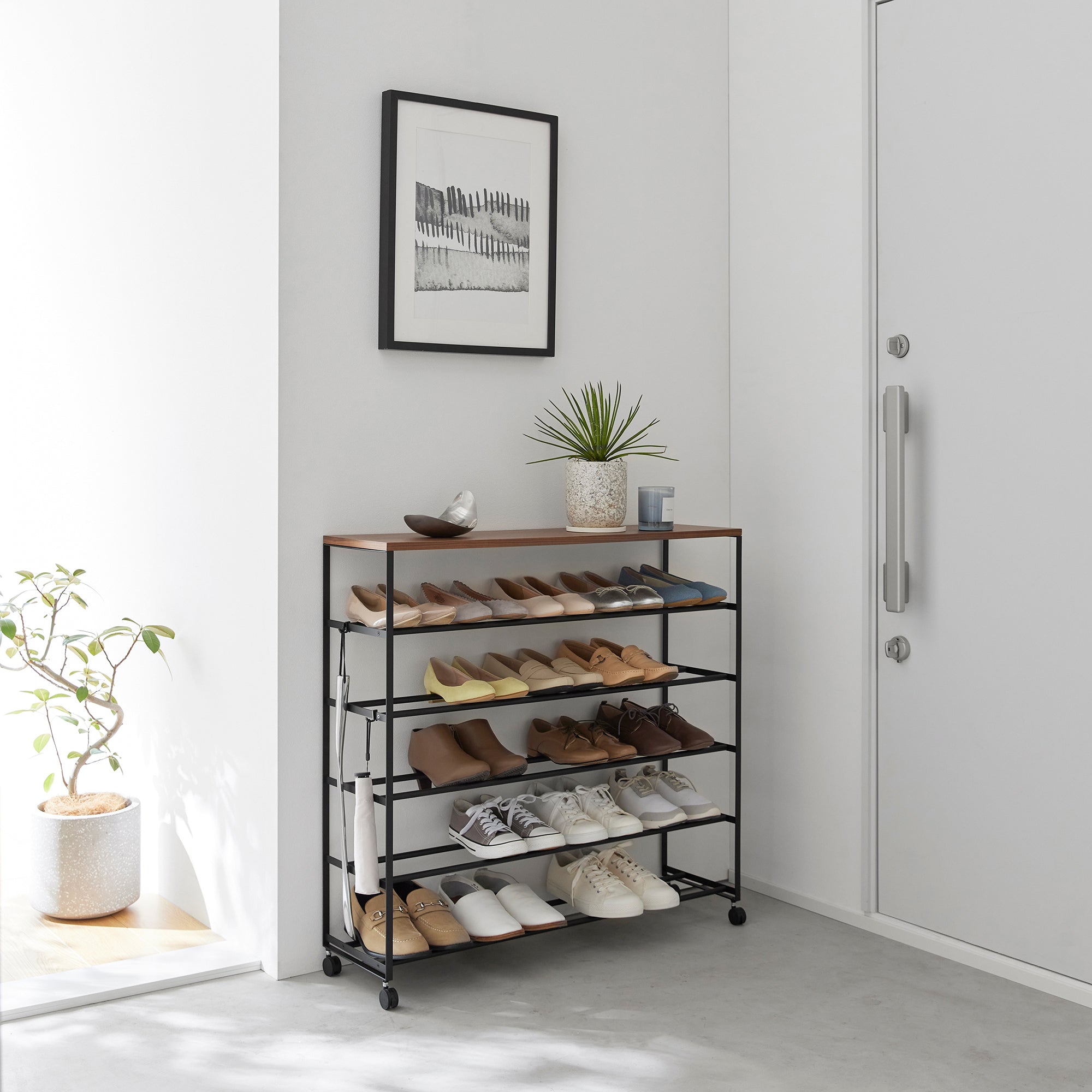 Yamazaki Home Rolling Five-Tier Shoe Rack (34.25" H)  - Steel + Wood