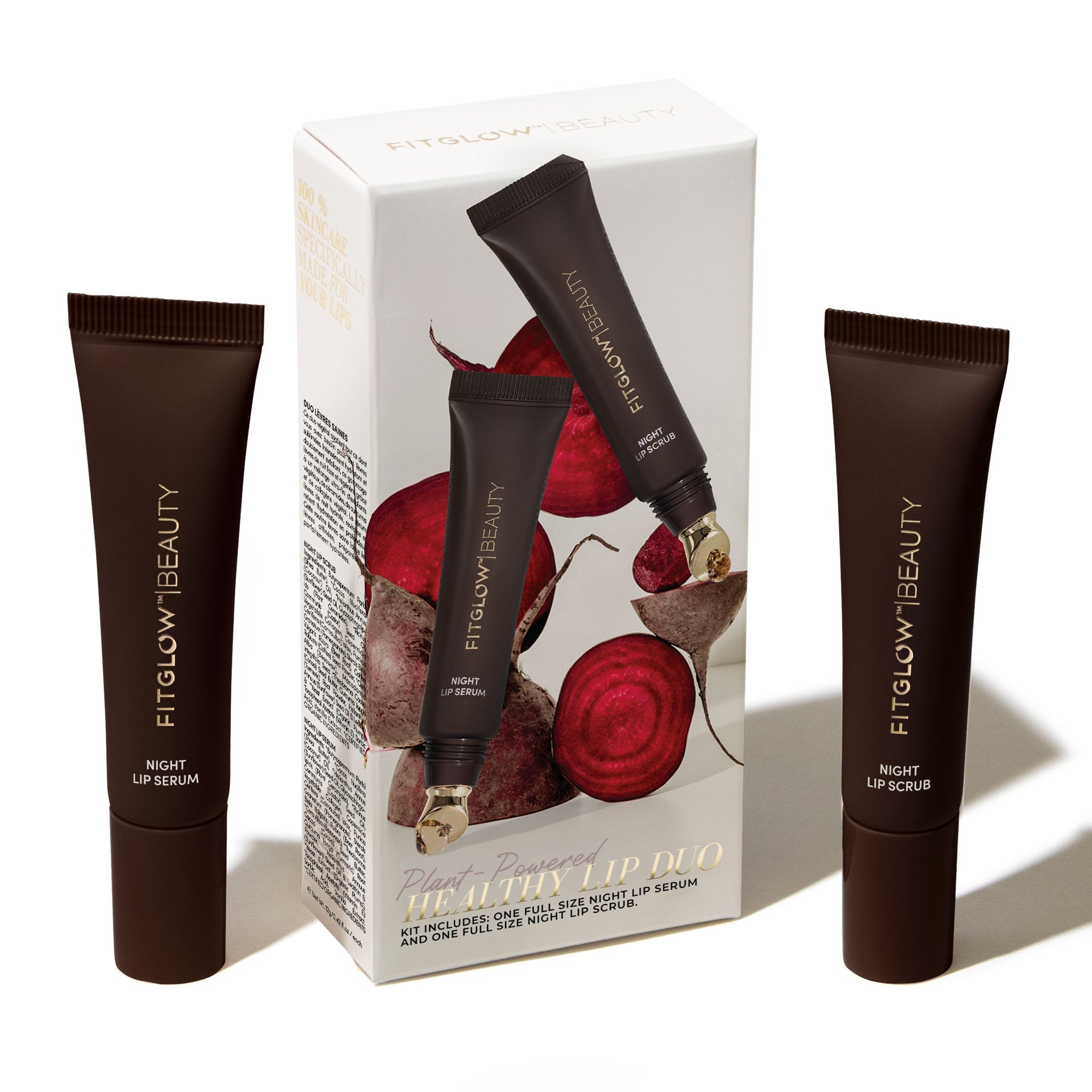 FitGlow Beauty lip serum set with packaging featuring beetroot illustration on a white background