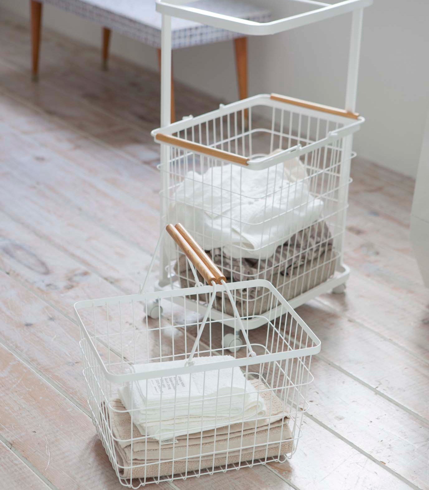 Yamazaki Home Rolling Laundry Cart + Wire Baskets (38" H)  - Steel + Wood
