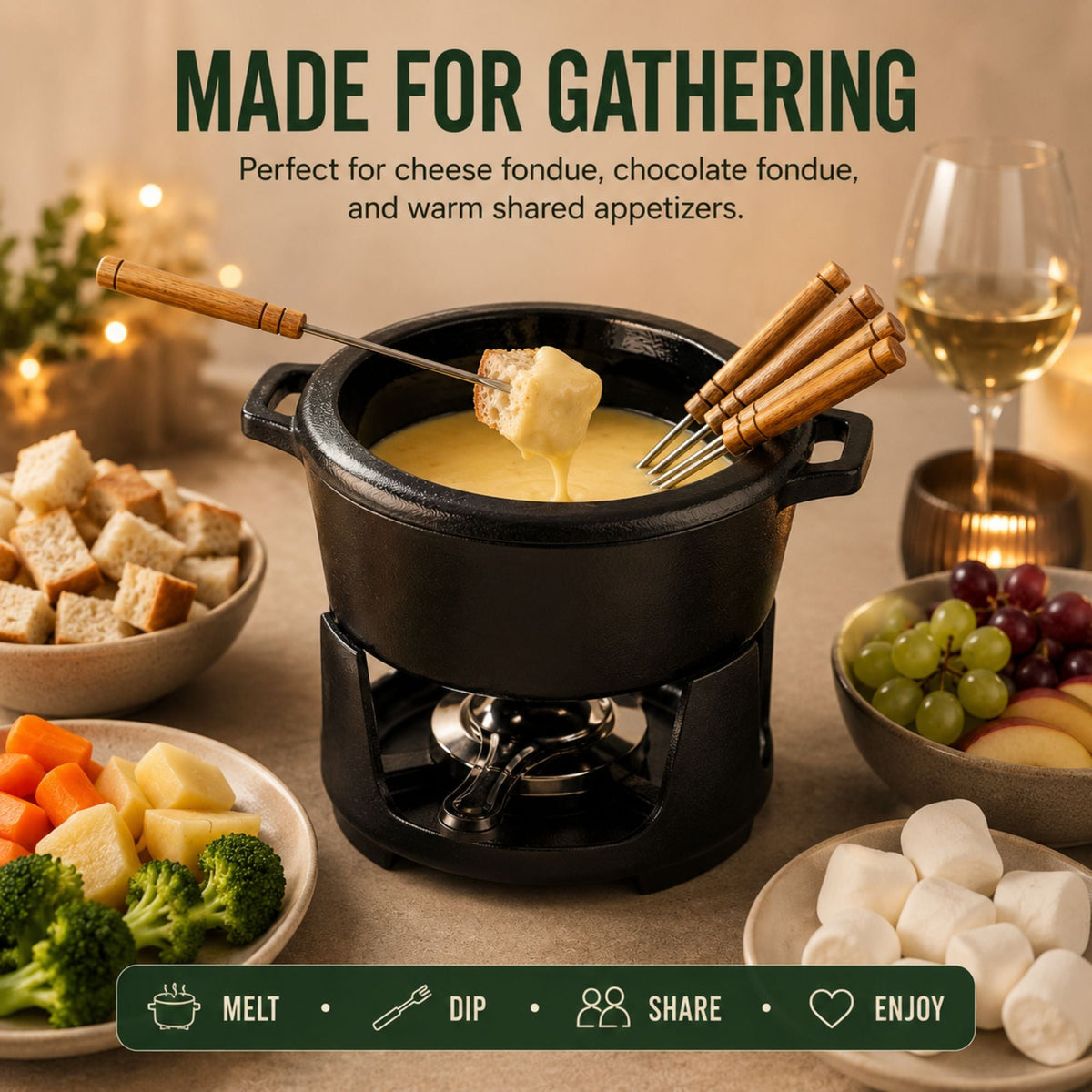 Alva Cookware Enameled Cast Iron Fondue Set, 8-Piece, 2-Qt