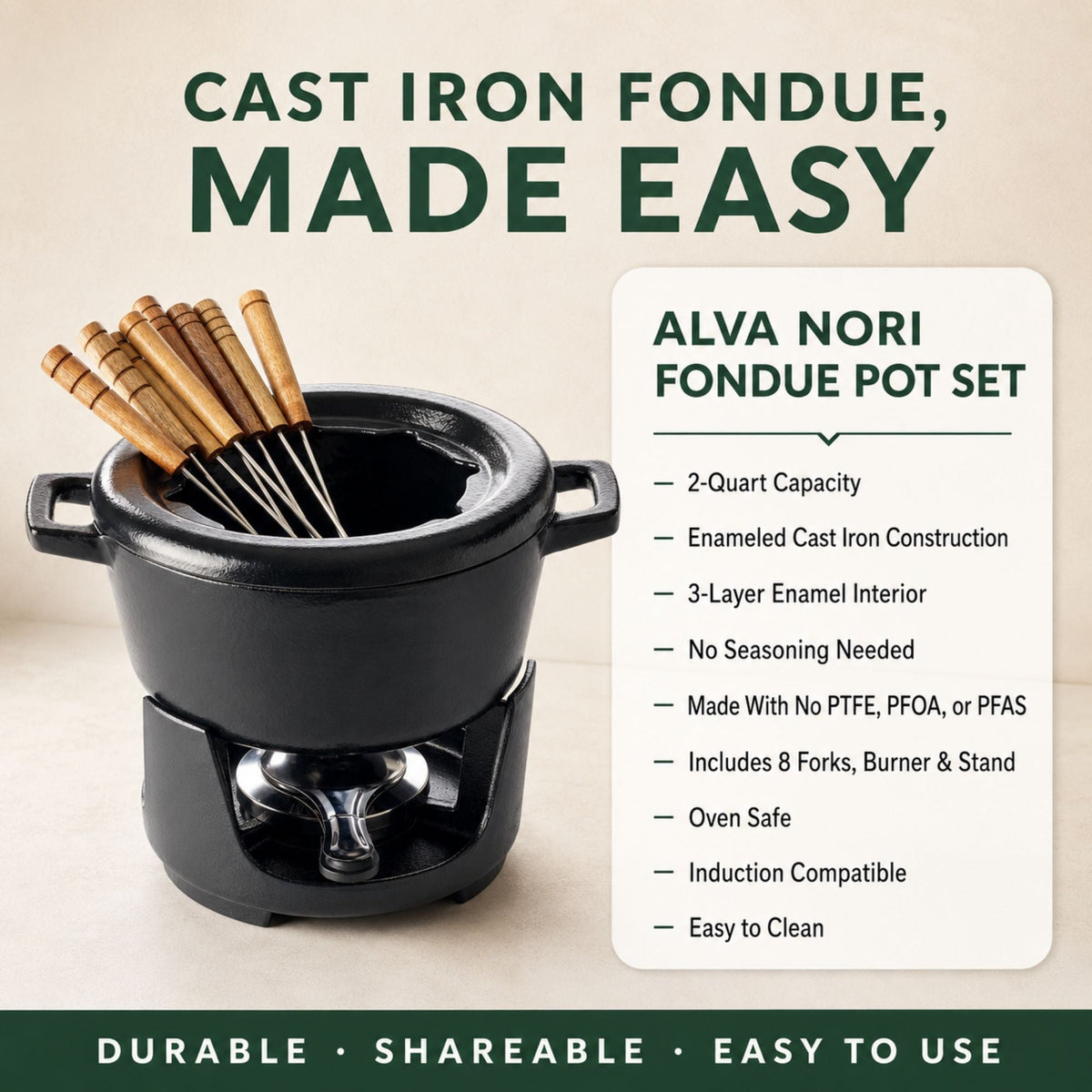 Alva Cookware Enameled Cast Iron Fondue Set, 8-Piece, 2-Qt