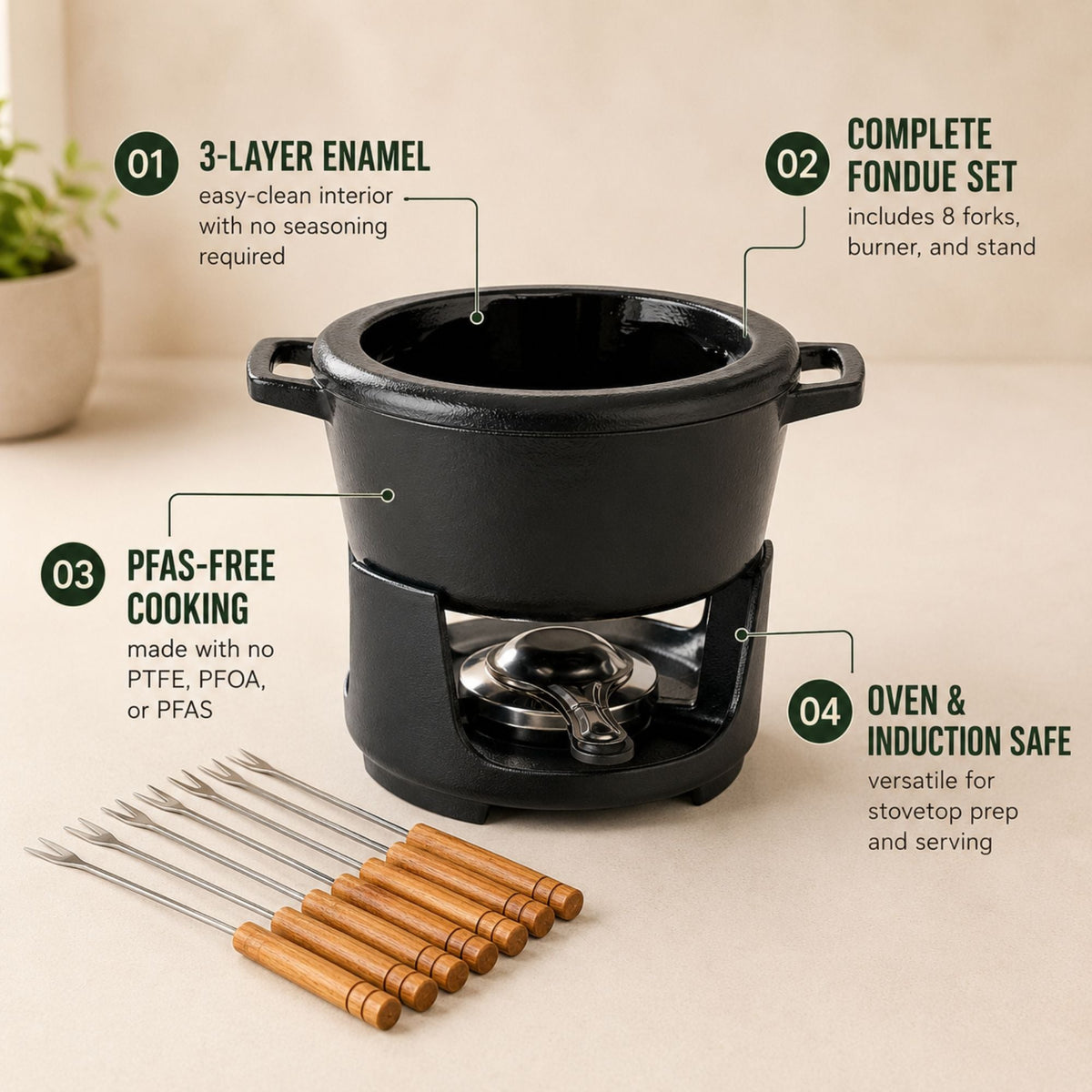 Alva Cookware Enameled Cast Iron Fondue Set, 8-Piece, 2-Qt