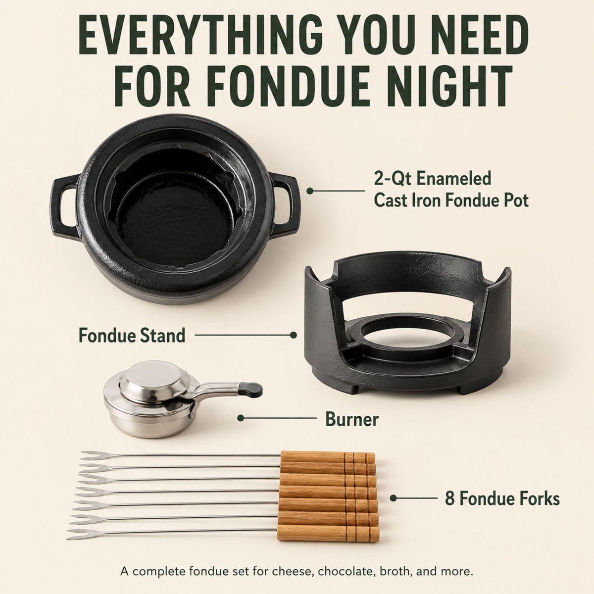 Alva Cookware Enameled Cast Iron Fondue Set, 8-Piece, 2-Qt