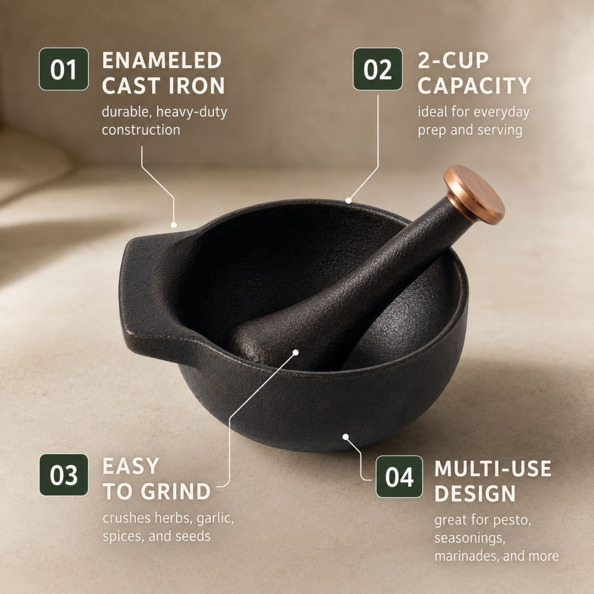 Alva Cookware Enameled Cast Iron Mortar & Pestle Set, 2-Cup