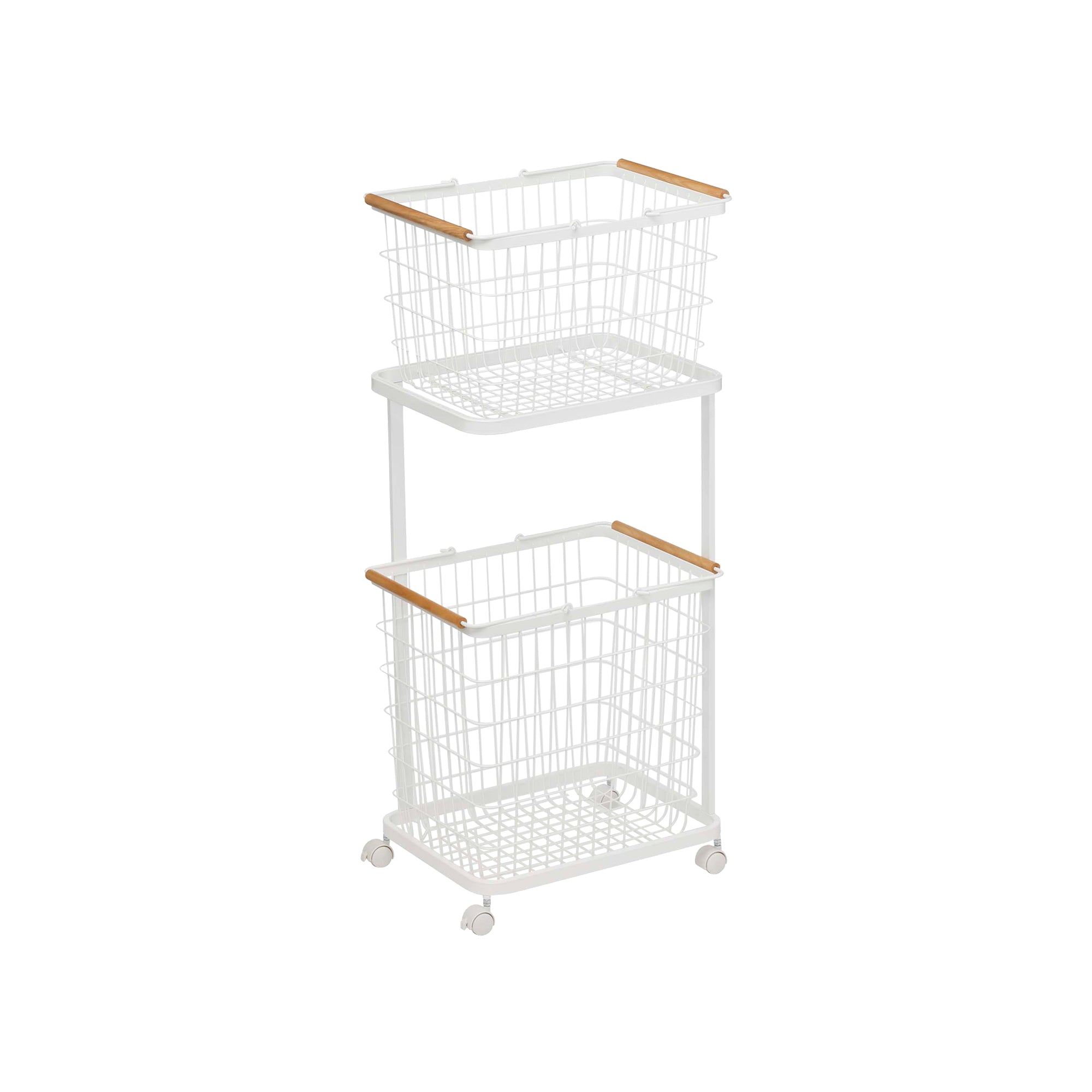 Yamazaki Home Rolling Laundry Cart + Wire Baskets (38" H)  - Steel + Wood