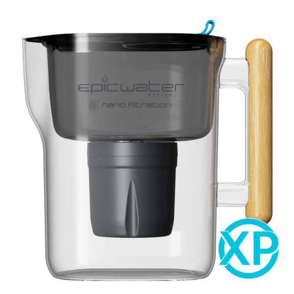 Clear water filter pitcher with wooden handle and 'epicwater' branding on a white background