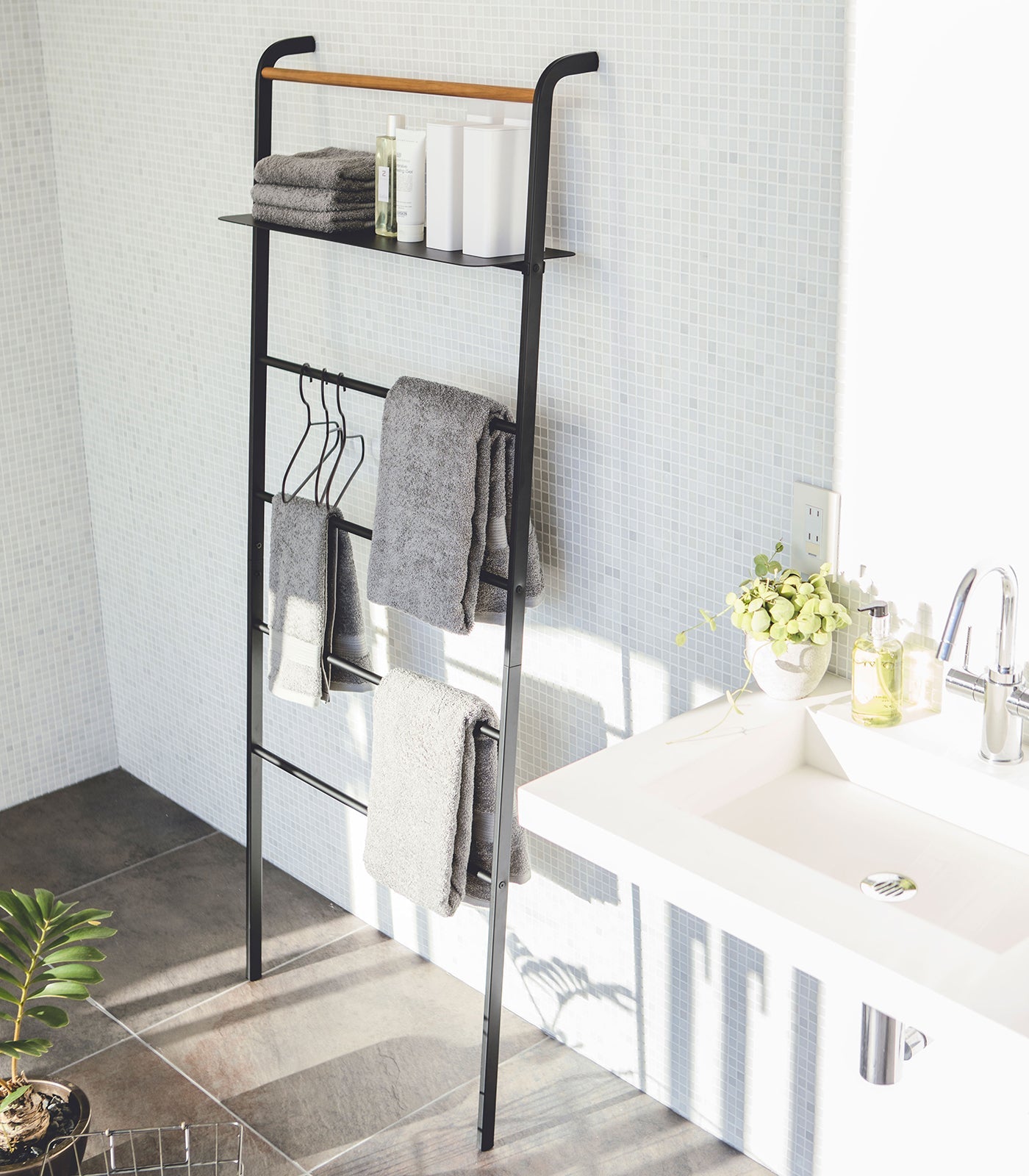 Yamazaki Home Leaning Storage Ladder With Shelf (63" H)  - Steel