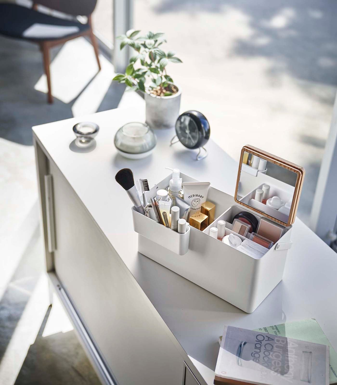 Yamazaki Home Makeup Organizer with Mirror - Steel + Wood