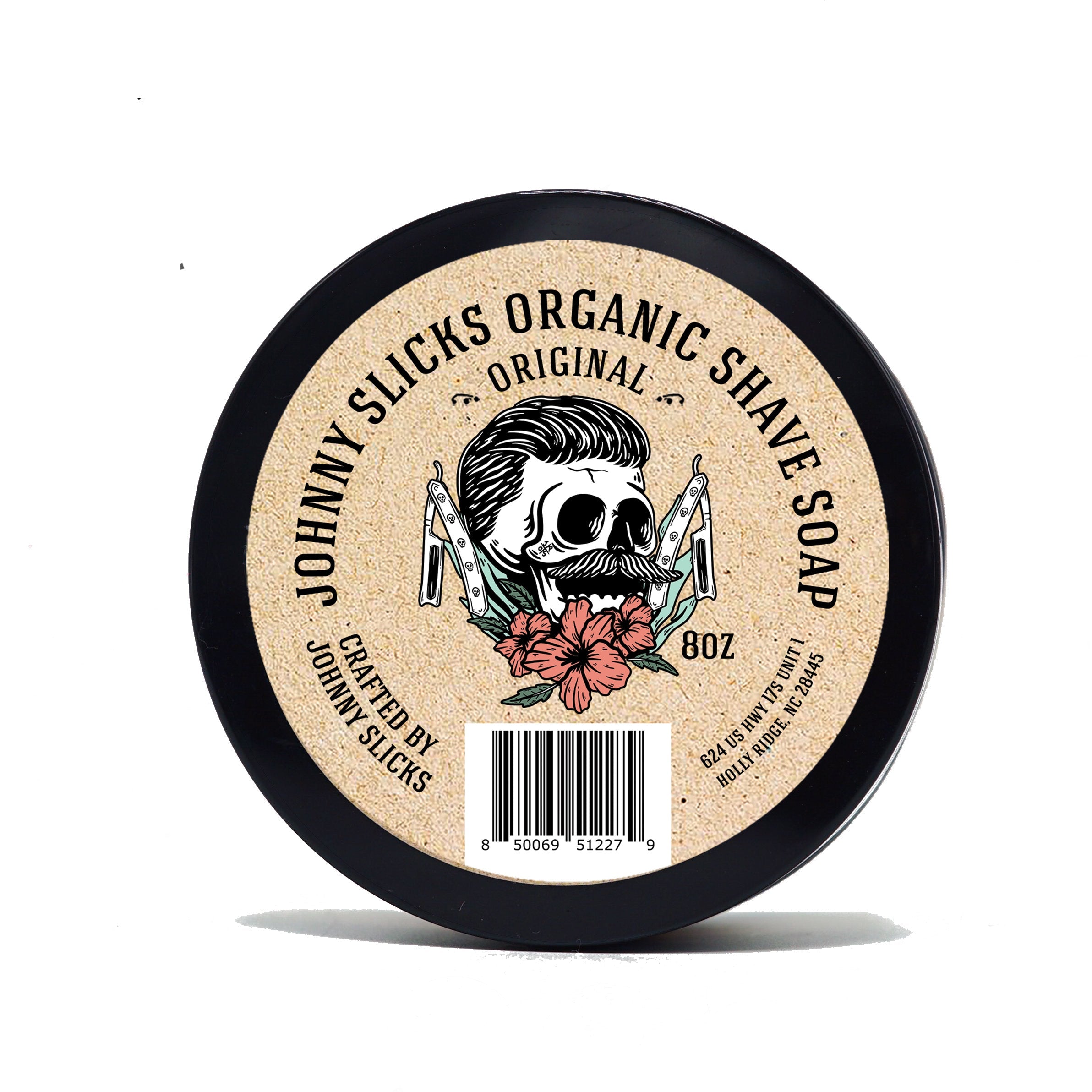 Johnny Slicks Organic Shave Soap container with label on a white background