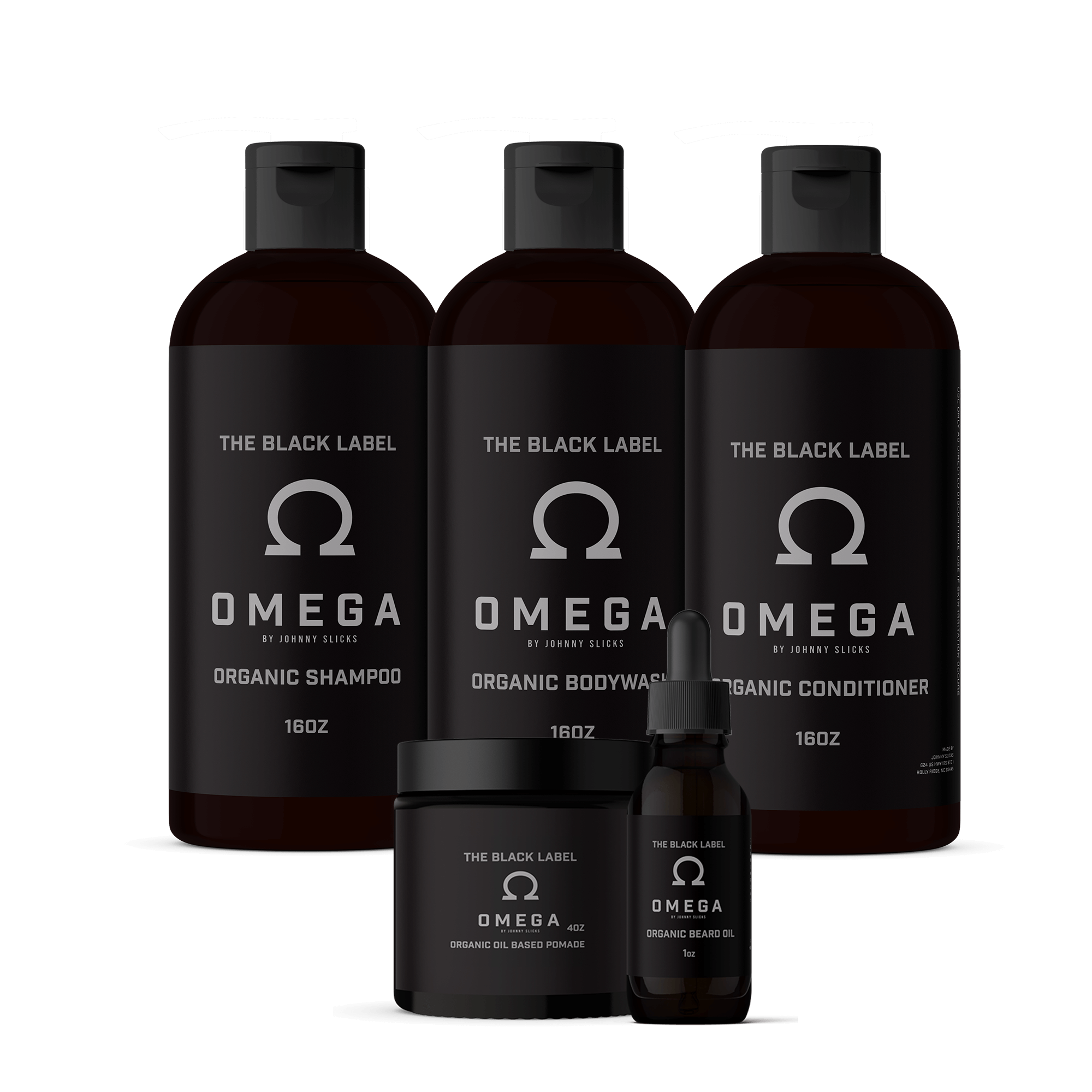 Set of 'The Black Label Omega' grooming products including shampoo, bodywash, conditioner, oil, and beard balm on a black background.