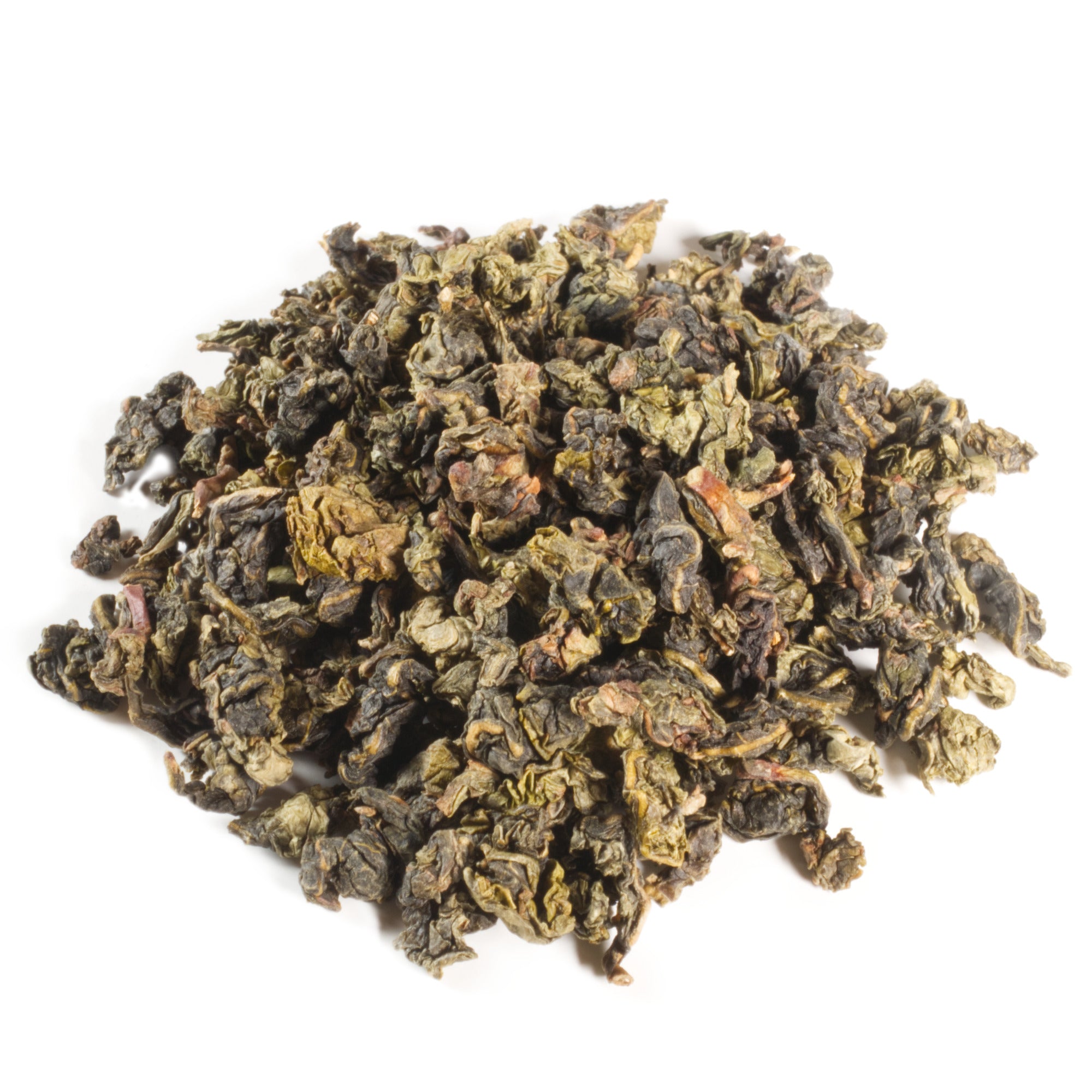Dry green tea leaves on a white background
