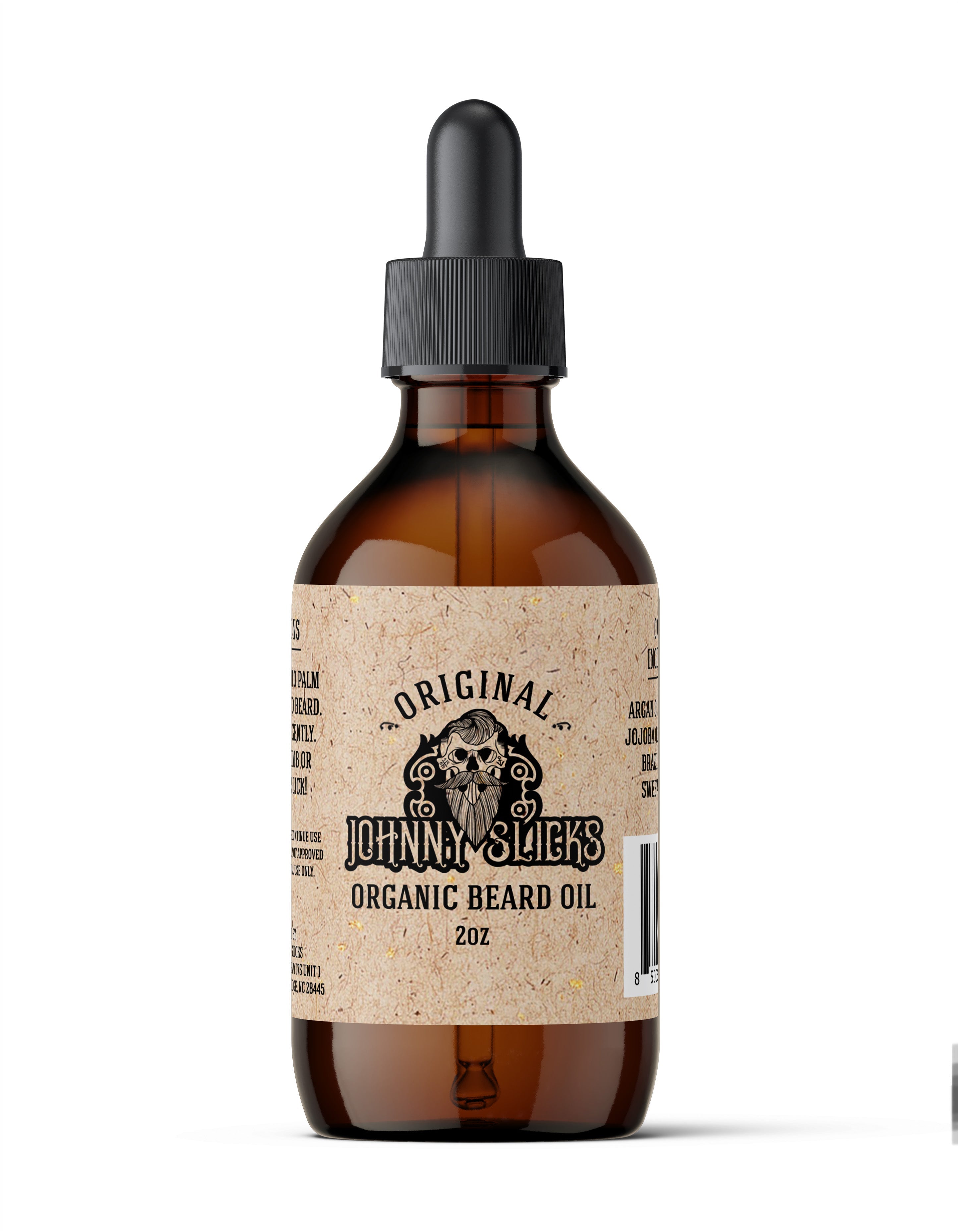 Brown glass bottle with dropper labeled 'Johnny Slicks Organic Beard Oil' on a white background