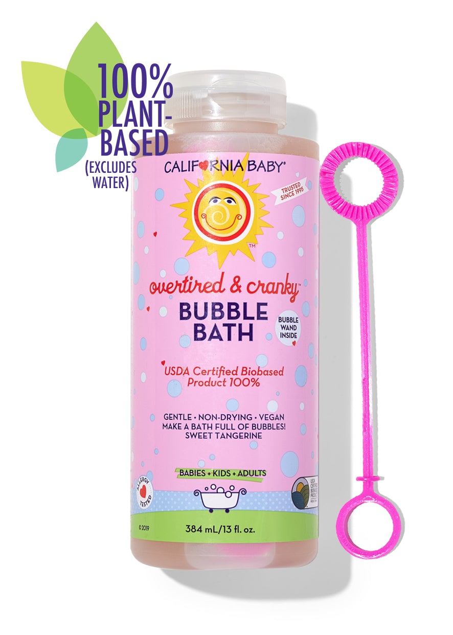 California Baby bubble bath with a pink label and a bubble wand on a white background