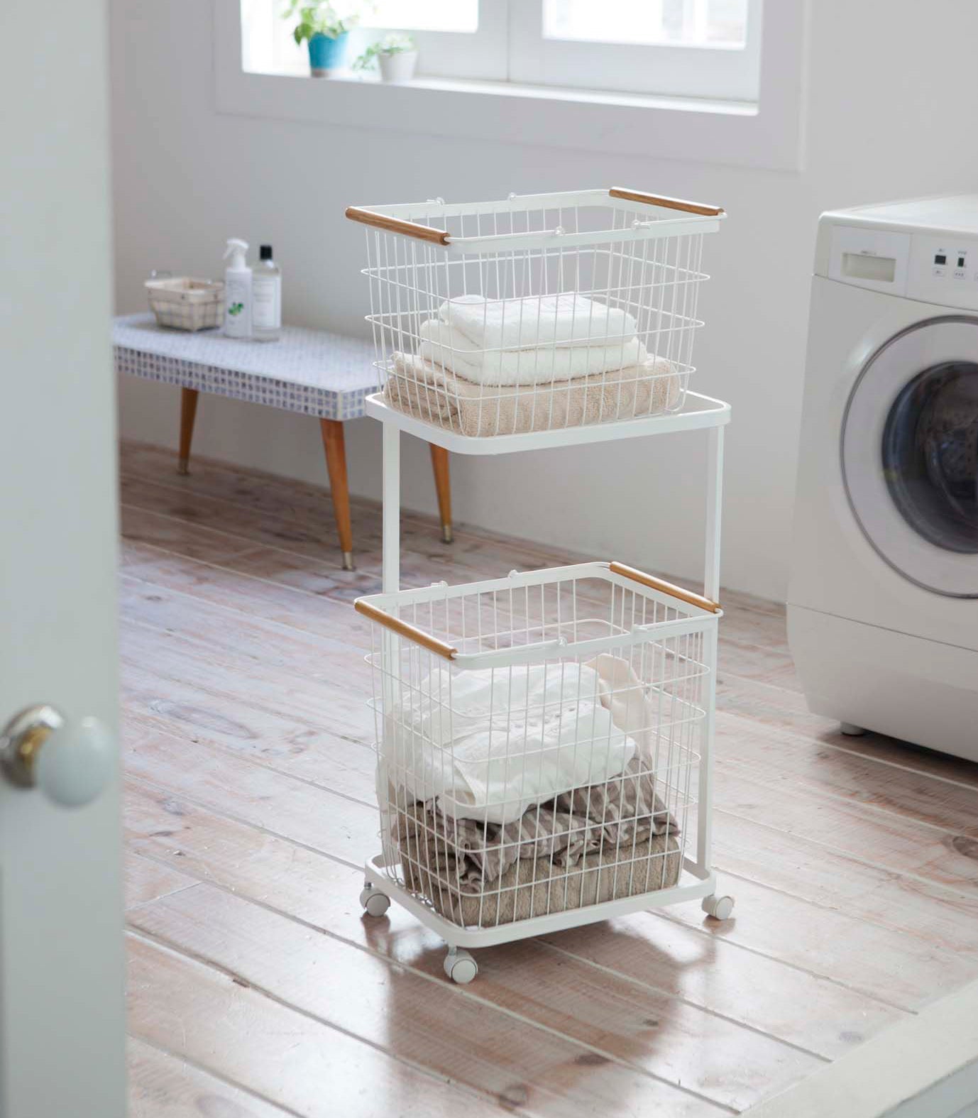 Yamazaki Home Rolling Laundry Cart + Wire Baskets (38" H)  - Steel + Wood