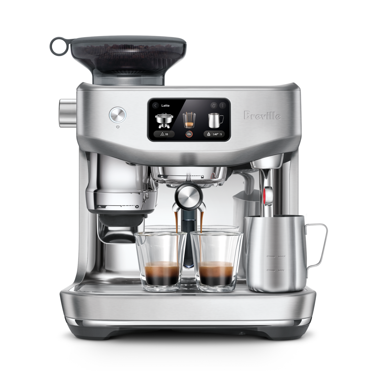 Breville coffee machine with two glasses of coffee on a white background