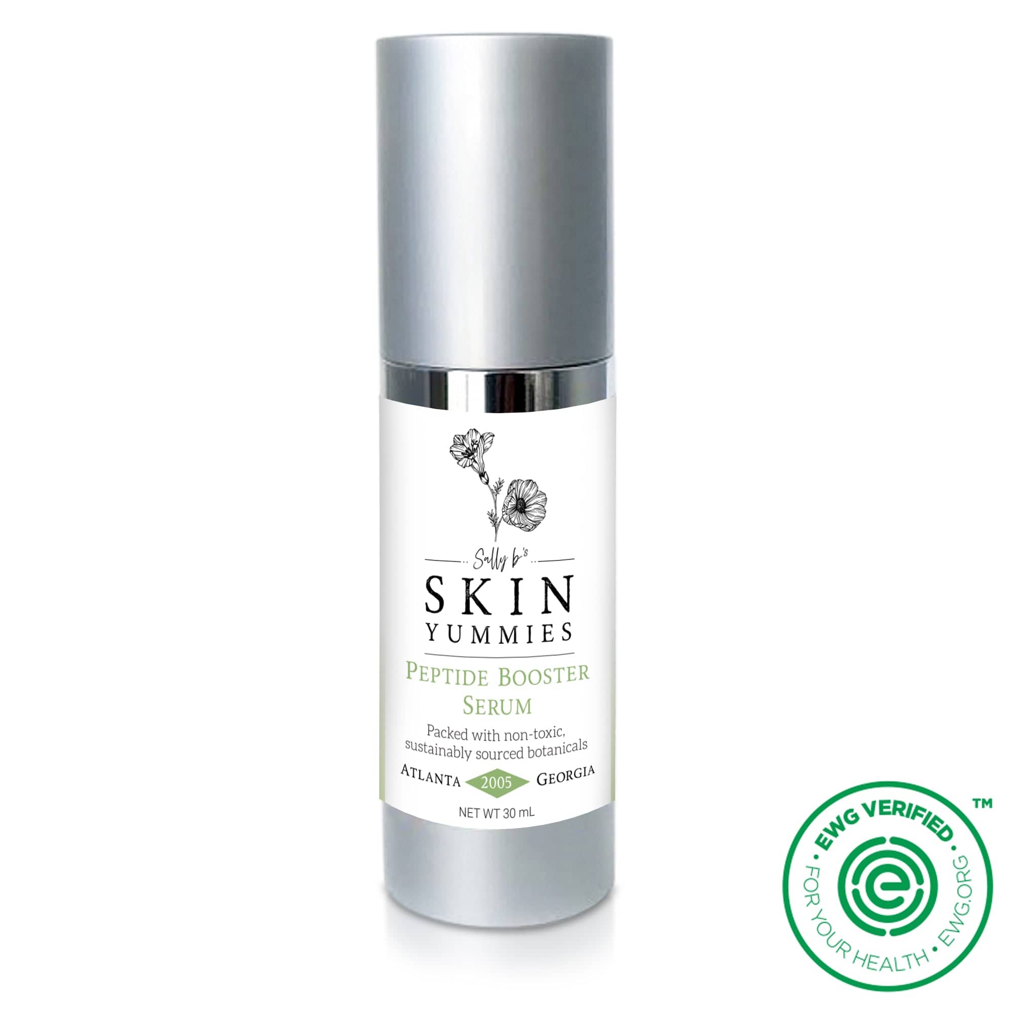 Skin Yummies Peptide Booster Serum bottle with silver cap on a white background