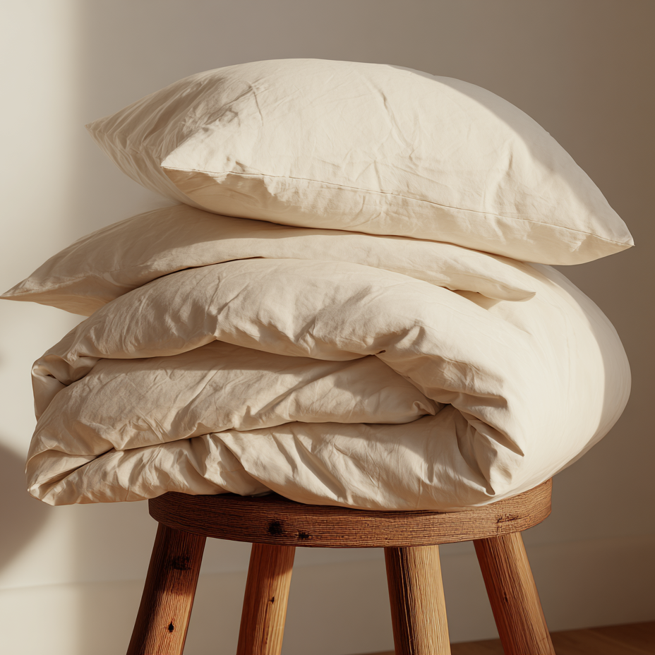 Beige duvet and pillows stacked on a wooden stool against a neutral wall.