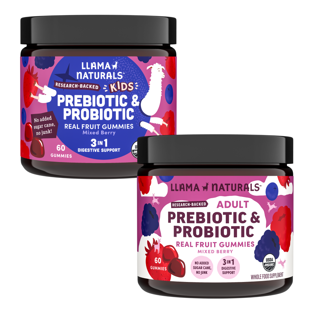 Llama Naturals Family Gut Support Bundle – Kids + Adult Pre & Probiotic Gummies – Mixed Berry