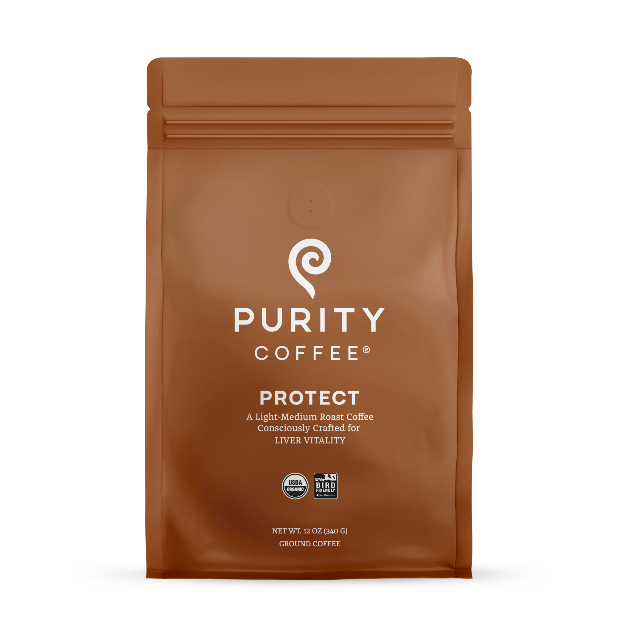 Brown coffee package with 'Purity Coffee' branding on a white background