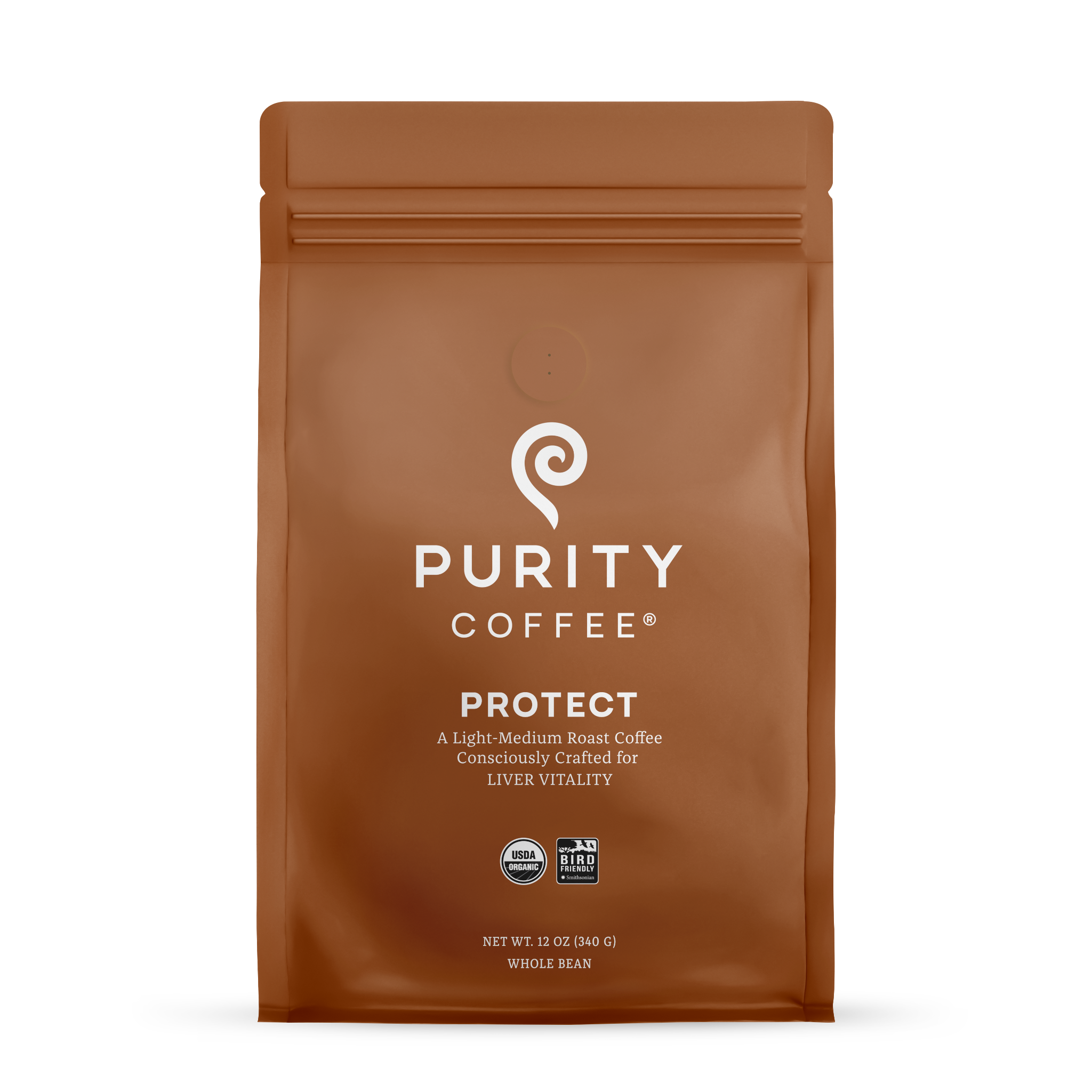 Brown coffee package with 'Purity Coffee' branding on a white background