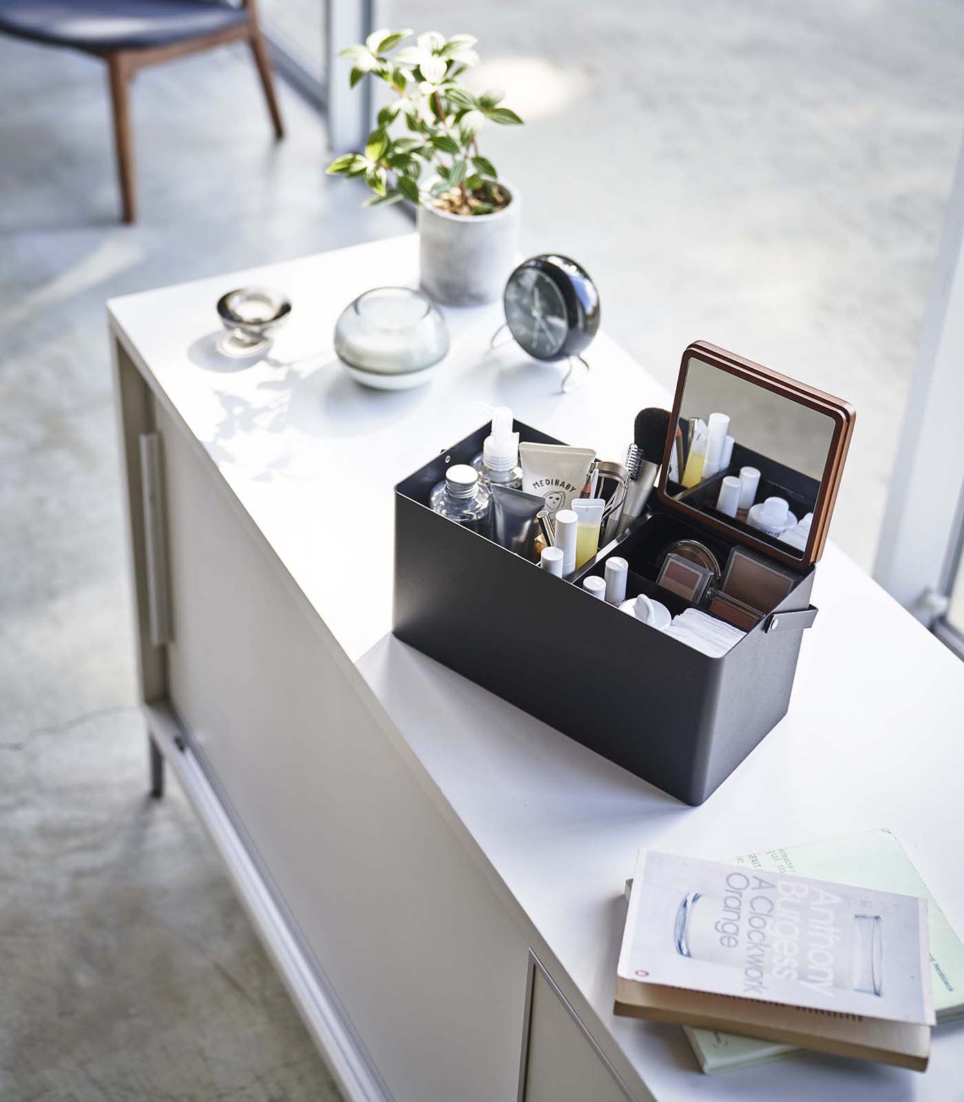 Yamazaki Home Makeup Organizer with Mirror - Steel + Wood