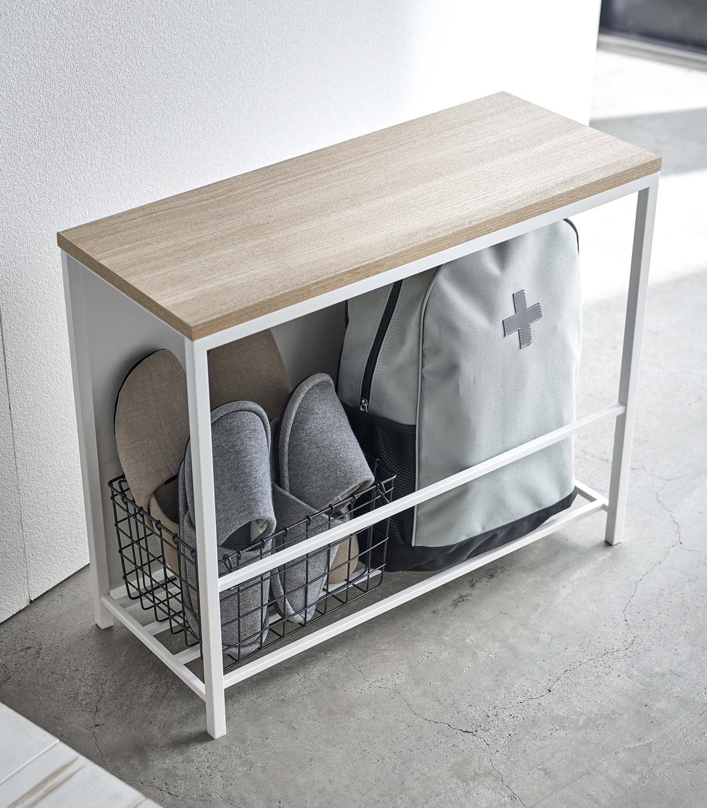Yamazaki Home Entryway Storage Organizer & Bench (18" H)  - Steel + Wood