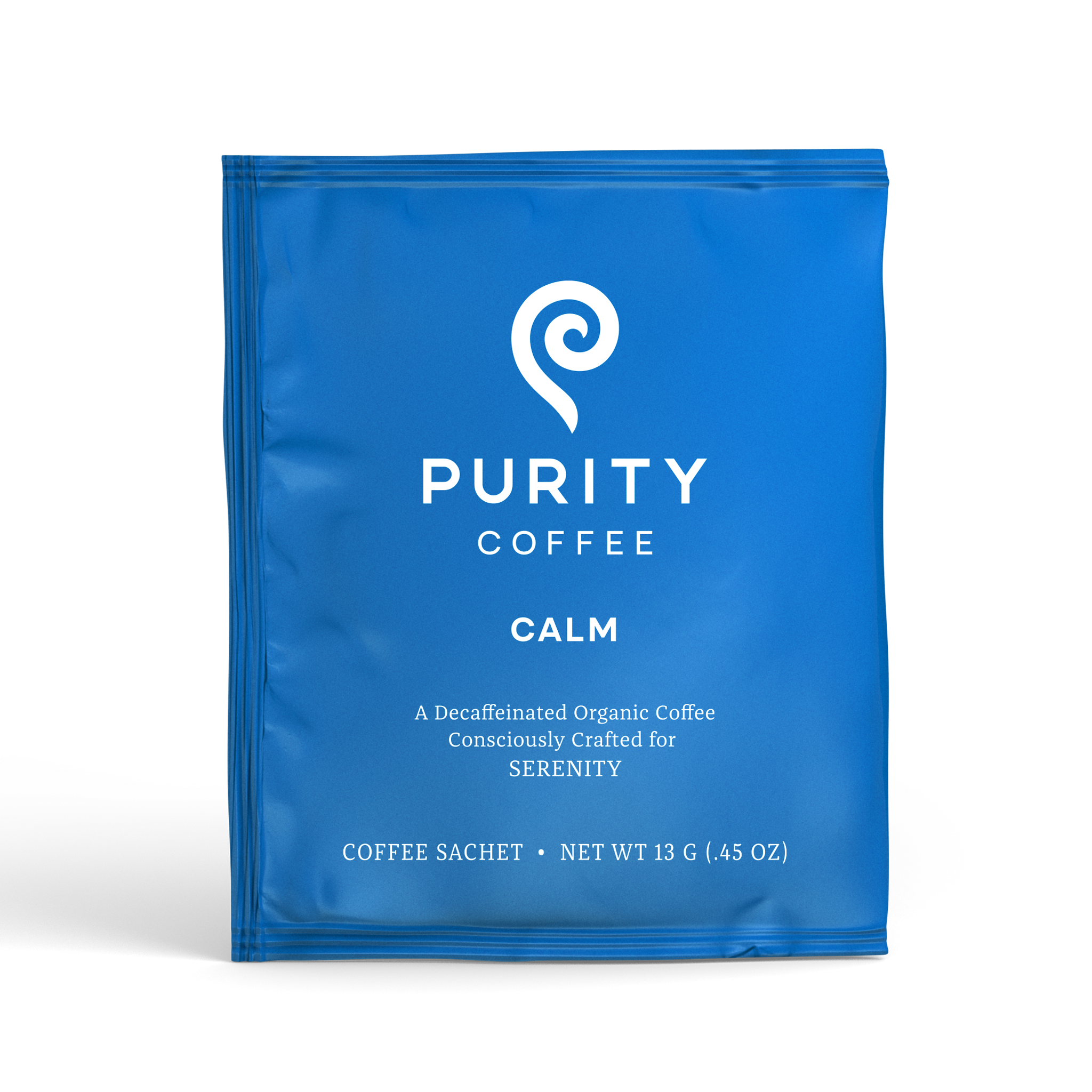 Blue coffee sachet with 'Purity Coffee' branding on a white background
