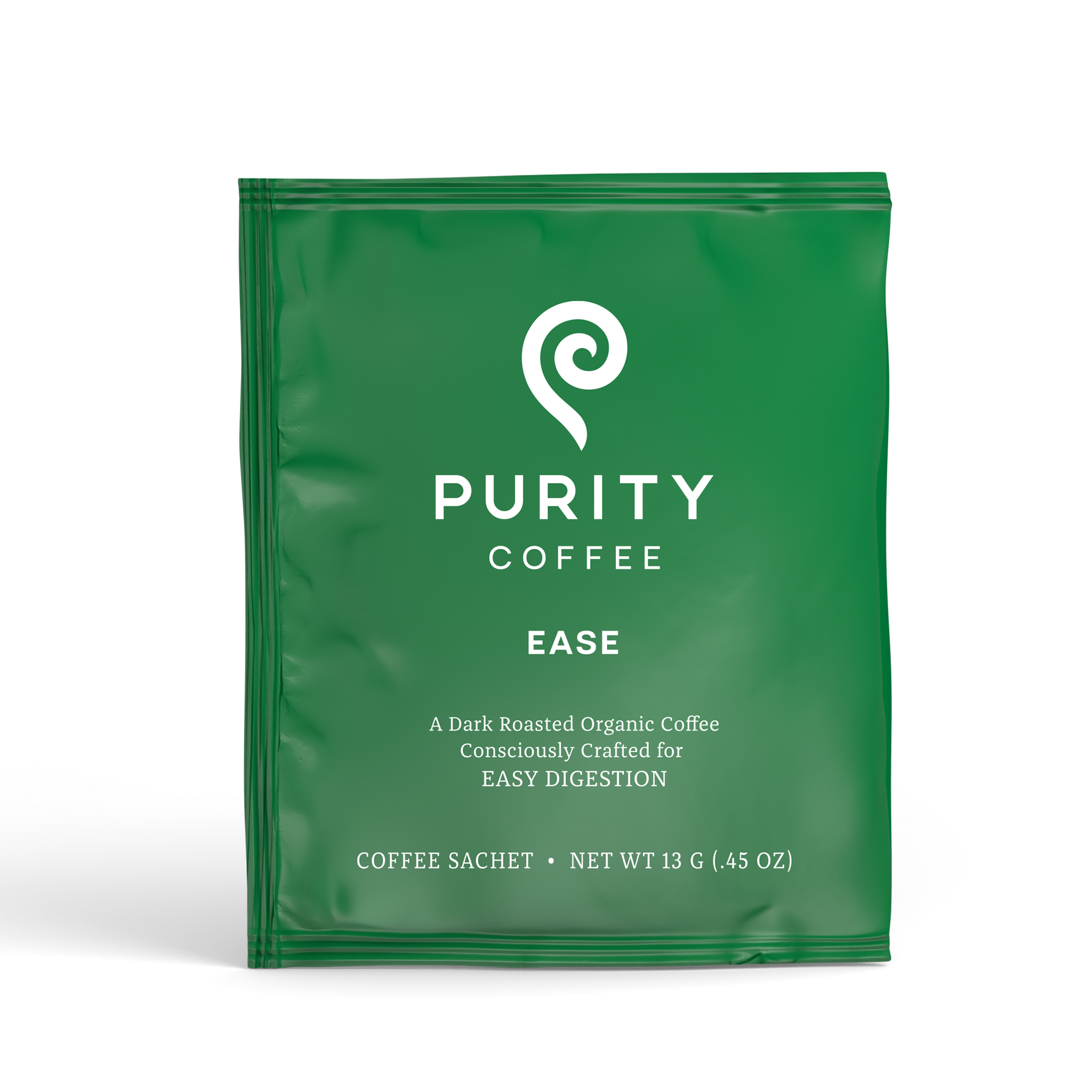 Green coffee sachet labeled 'Purity Coffee Ease' on a white background