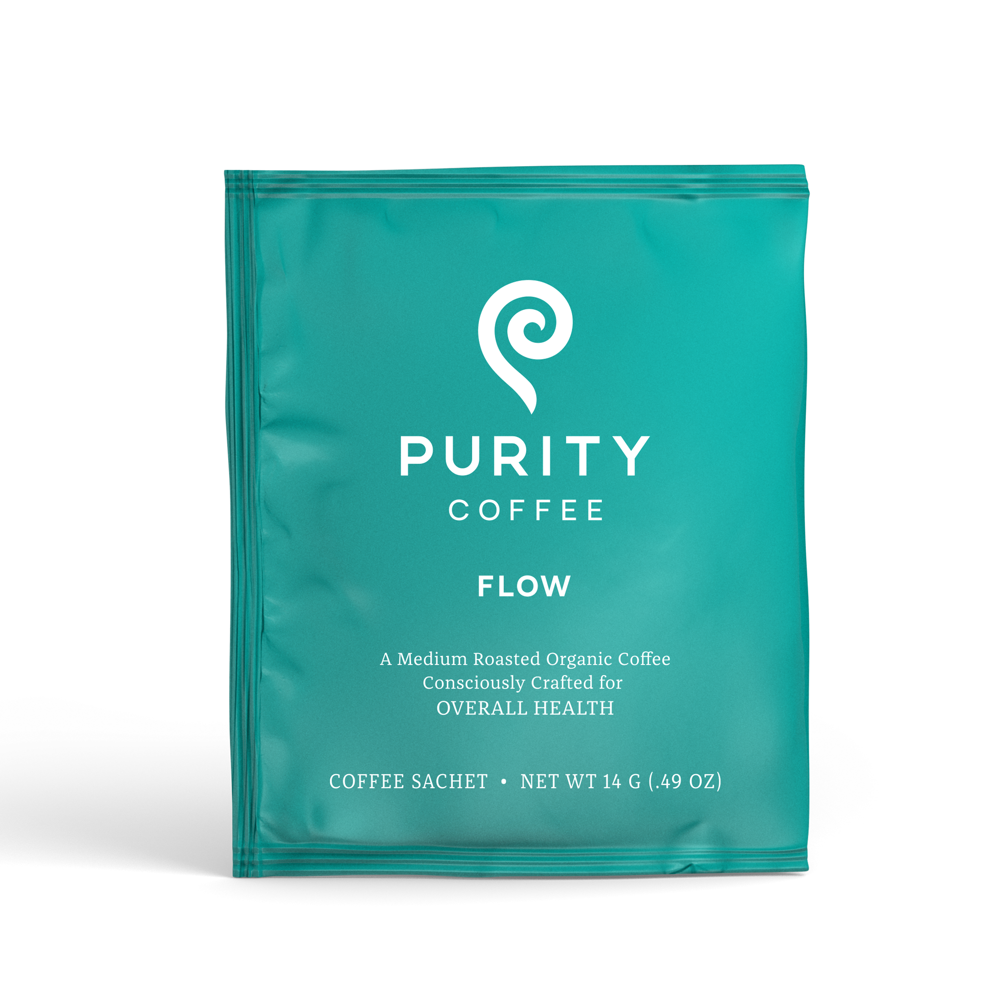 Teal coffee sachet with 'Purity Coffee' branding on a white background